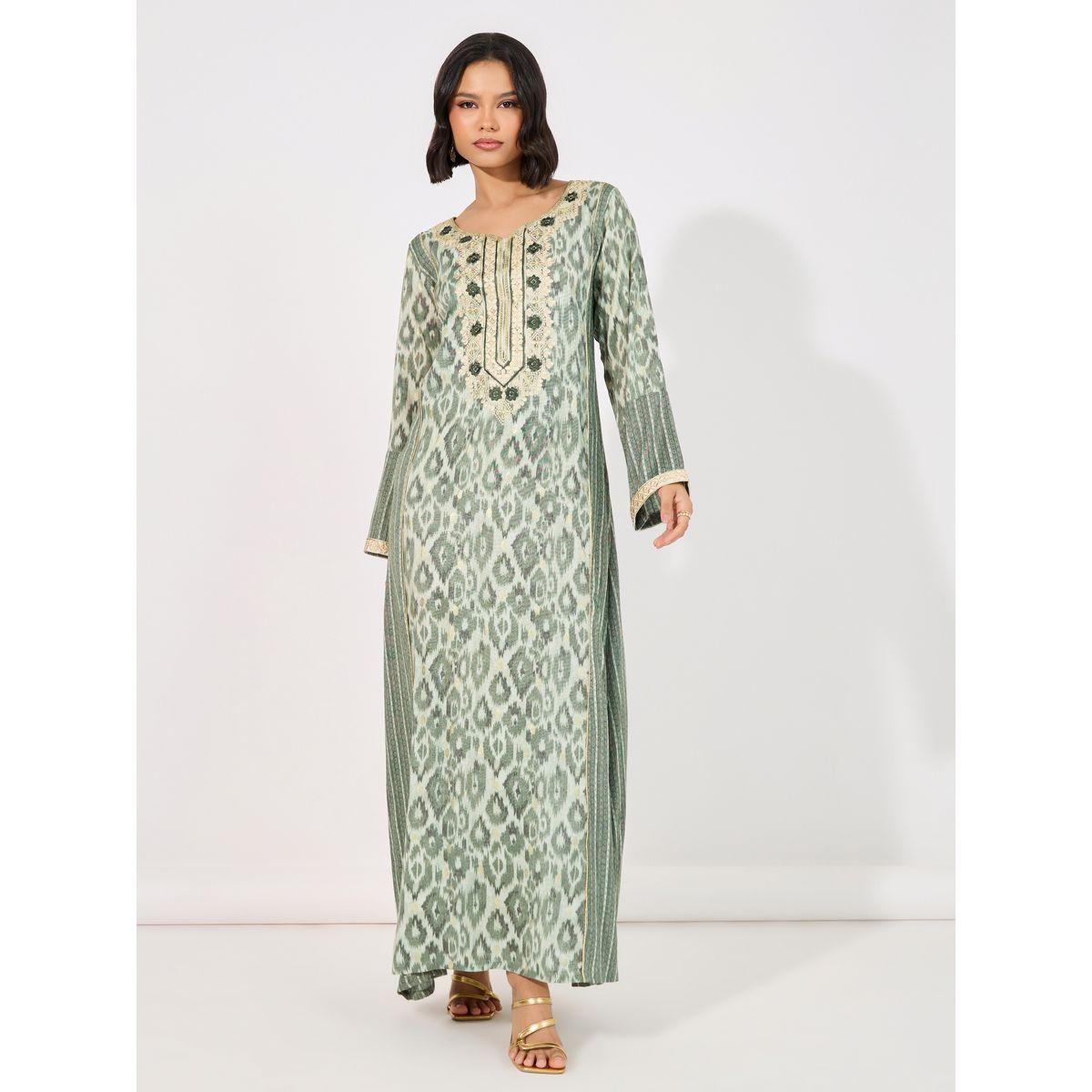 جلابية مطبوعة بالكامل على شكل حرف A مع تفاصيل مطرزة-women-arabicclothing-jalabiyas-image-4