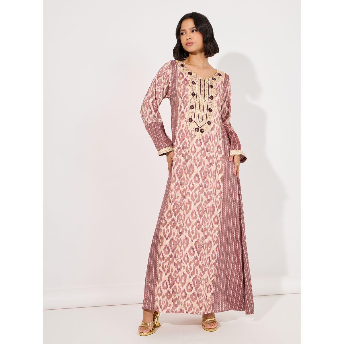 All-Over Print Embroidered Neck Jalabiya-women-arabicclothing-jalabiyas-image-1