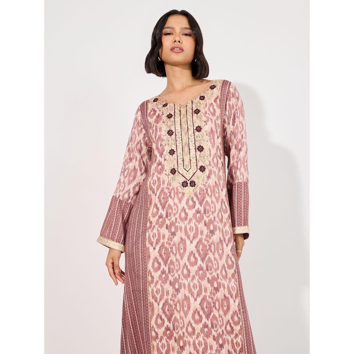 All-Over Print Embroidered Neck Jalabiya-women-arabicclothing-jalabiyas-image-2