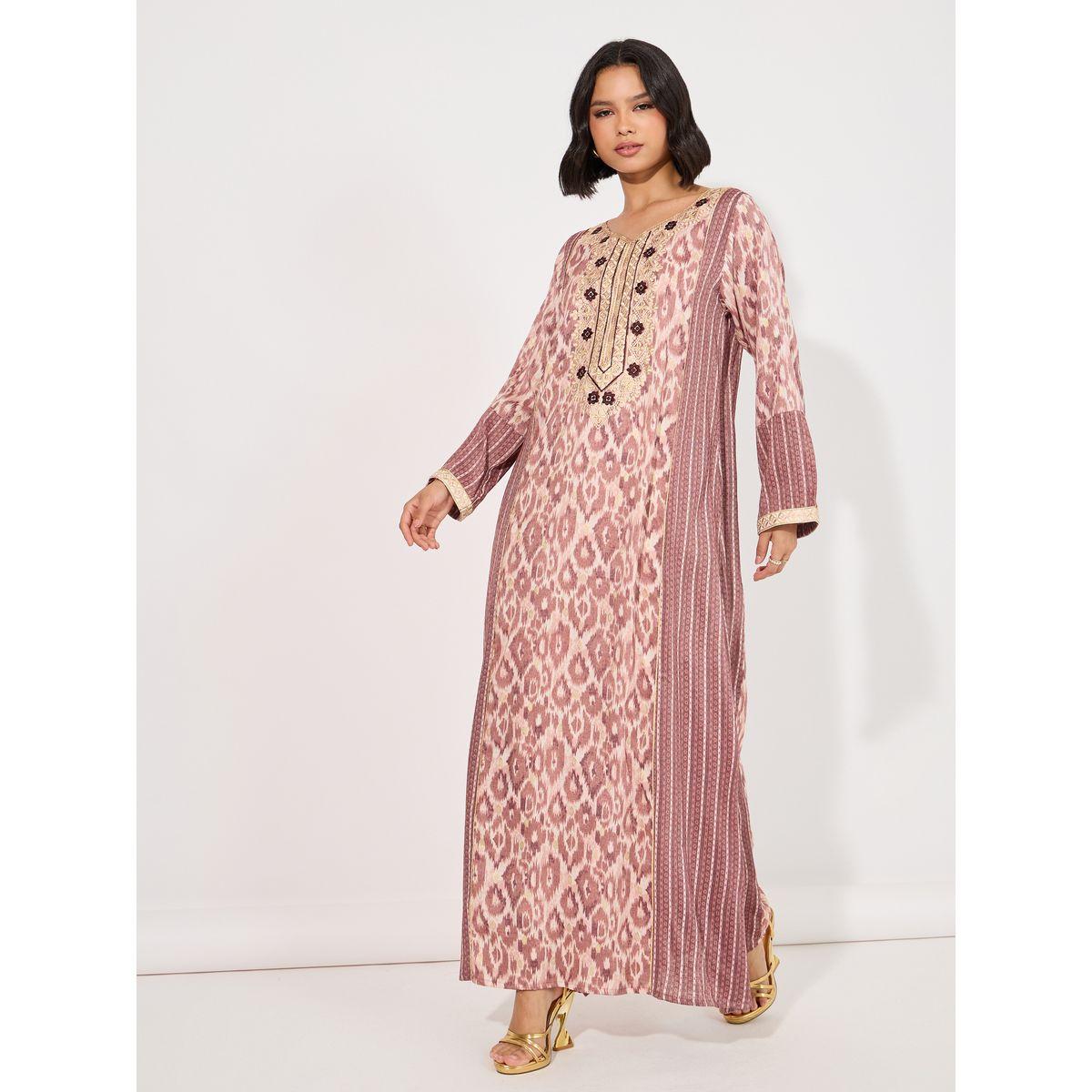 All-Over Print Embroidered Neck Jalabiya-women-arabicclothing-jalabiyas-image-4