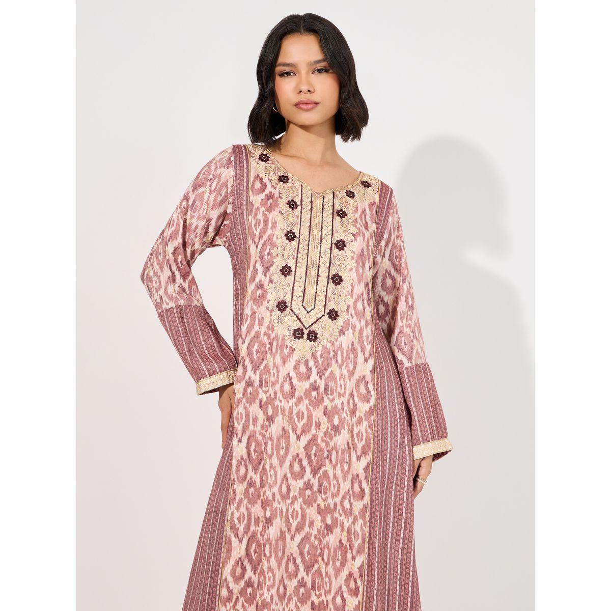 All-Over Print Embroidered Neck Jalabiya-women-arabicclothing-jalabiyas-image-5