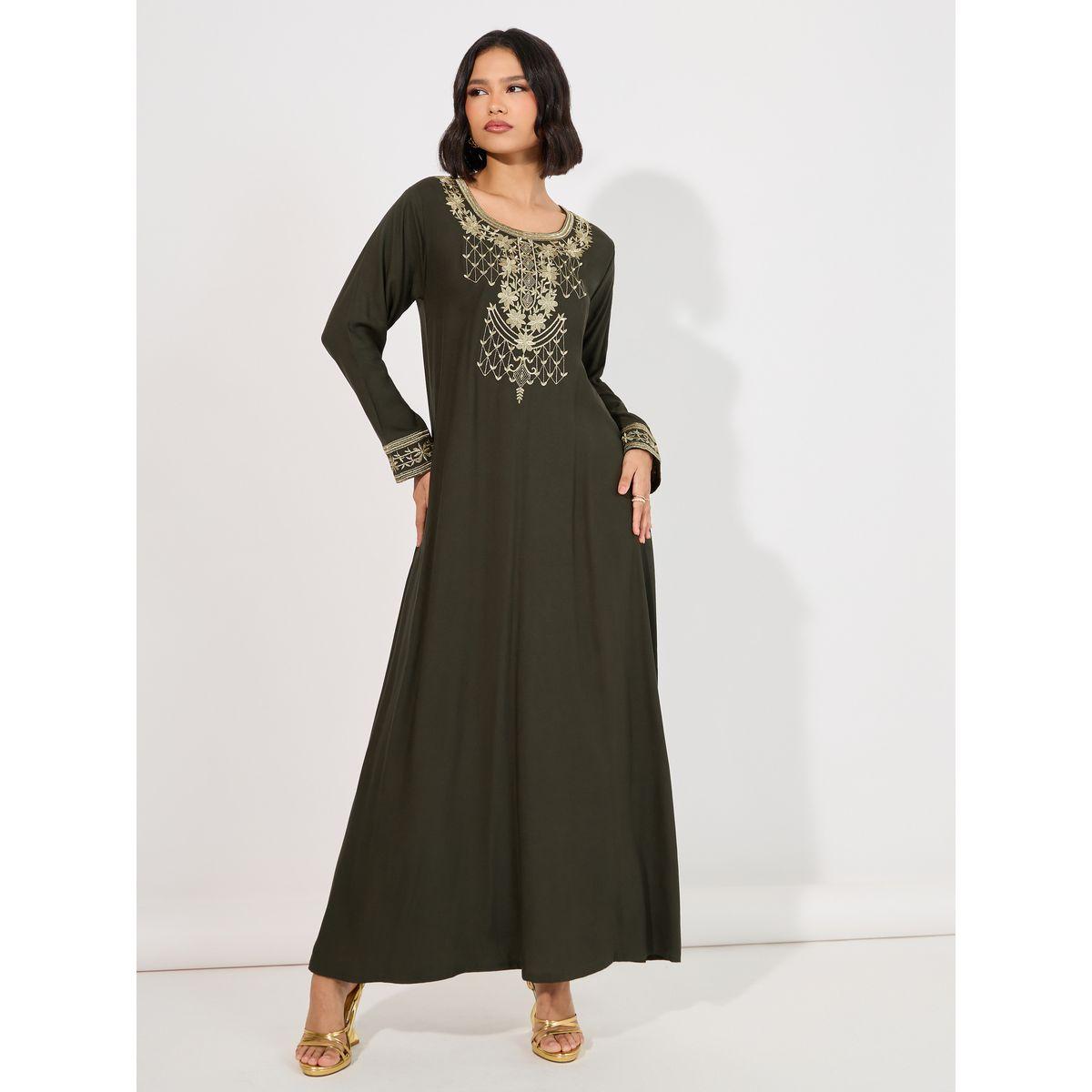 Embroidered Wide Neck A-Line Jalabiya-women-arabicclothing-jalabiyas-image-1