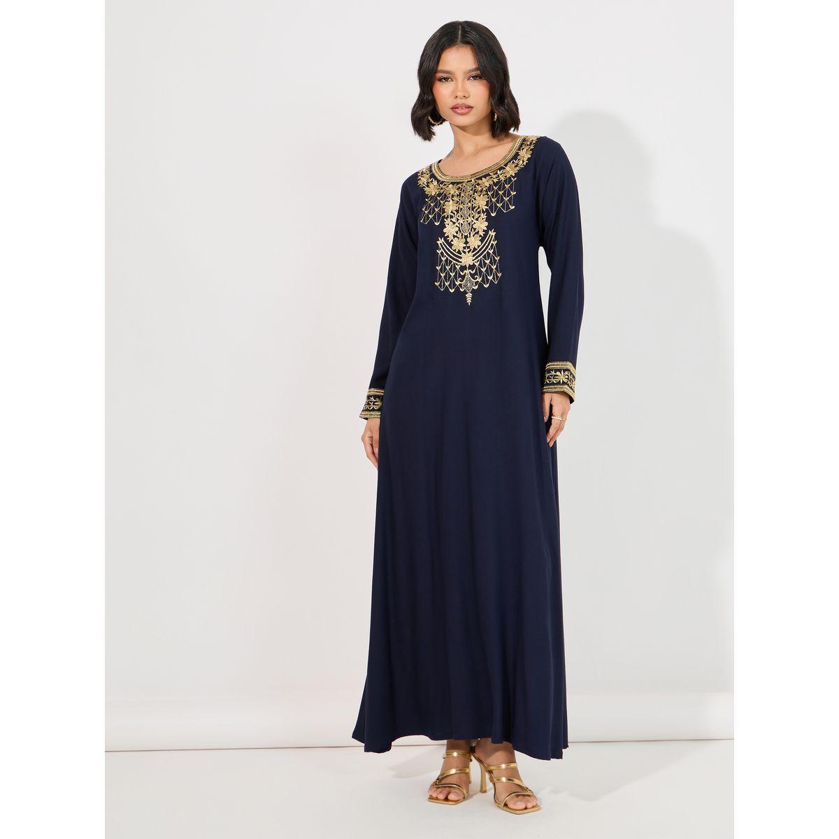 Embroidered Round Neck A-Line Jalabiya-women-arabicclothing-jalabiyas-image-1