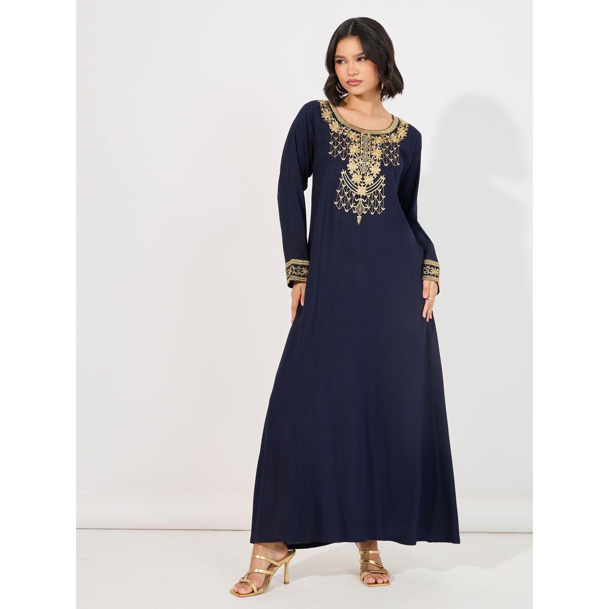 Embroidered Round Neck A-Line Jalabiya-women-arabicclothing-jalabiyas-image-4