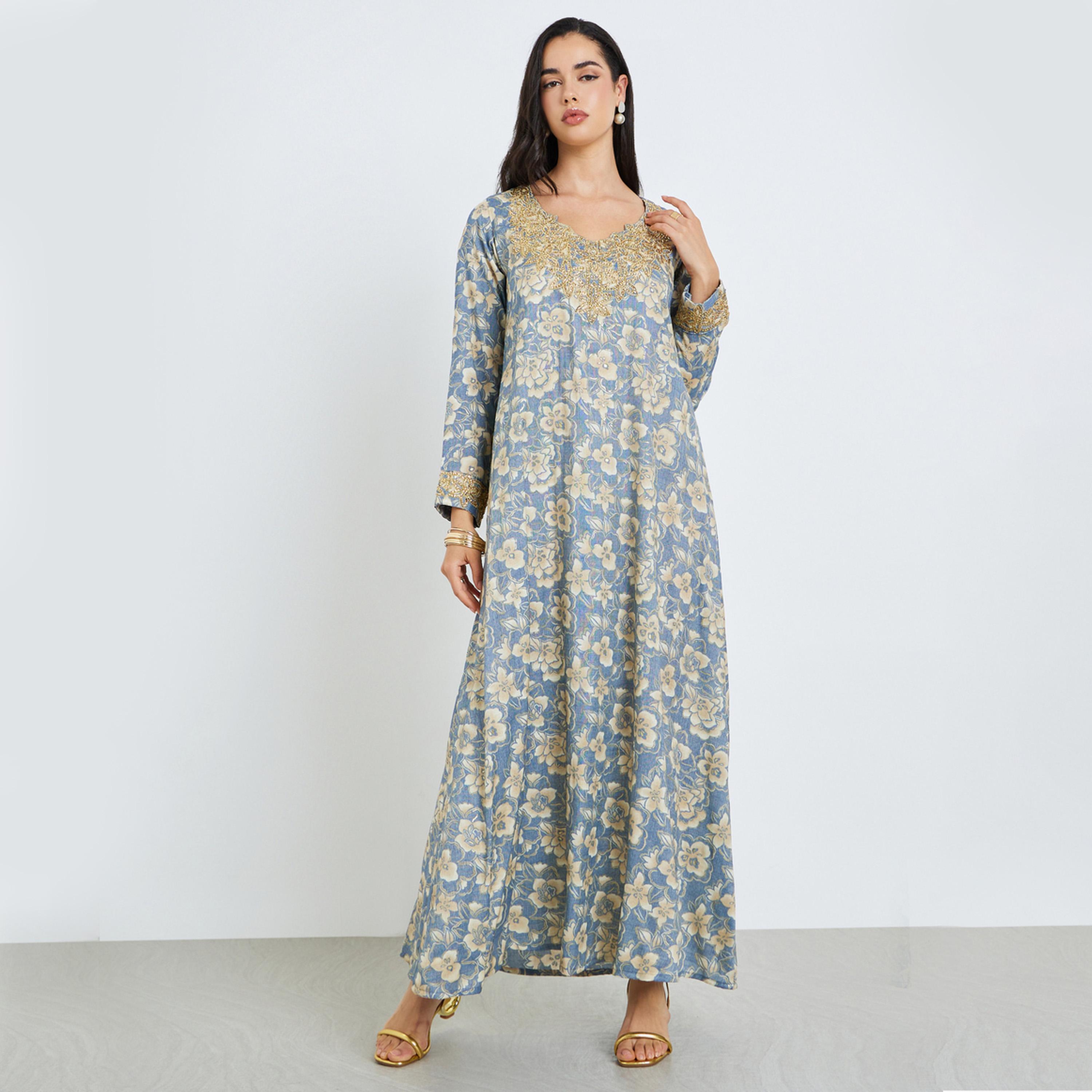 Styli Women Blue Floral Print Embroidered Jalabiya-women-arabicclothing-jalabiyas-image-1