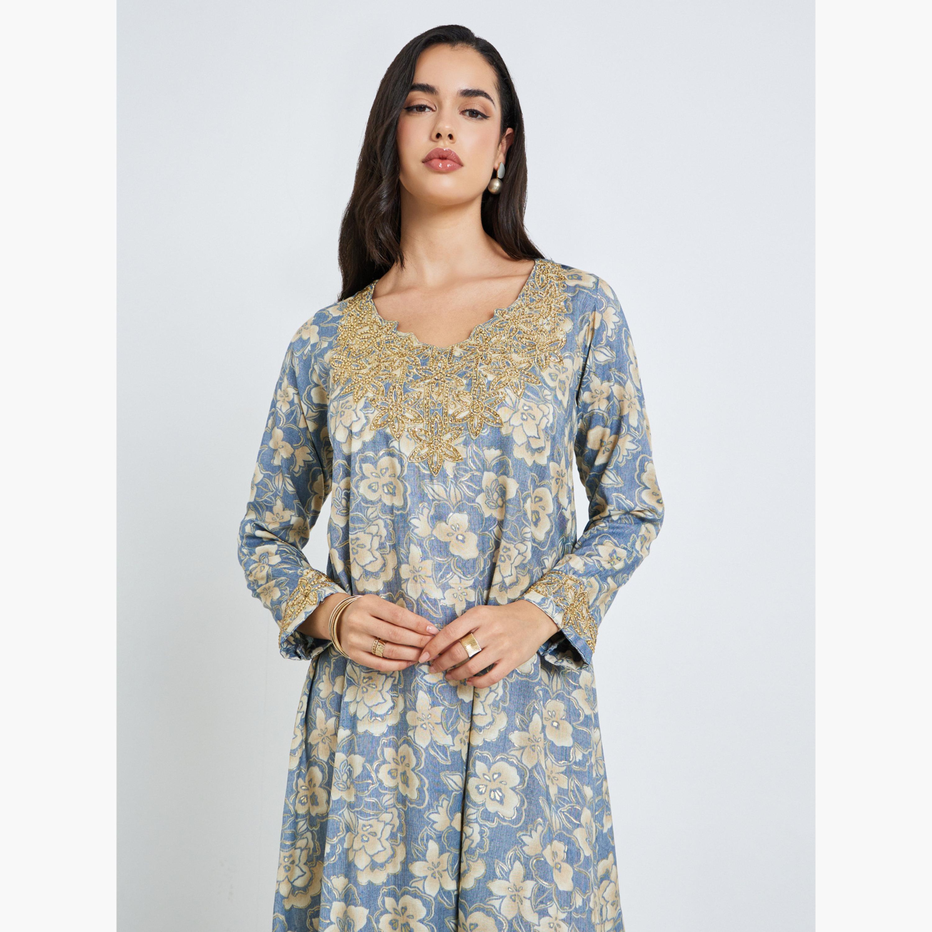 Styli Women Blue Floral Print Embroidered Jalabiya-women-arabicclothing-jalabiyas-image-2