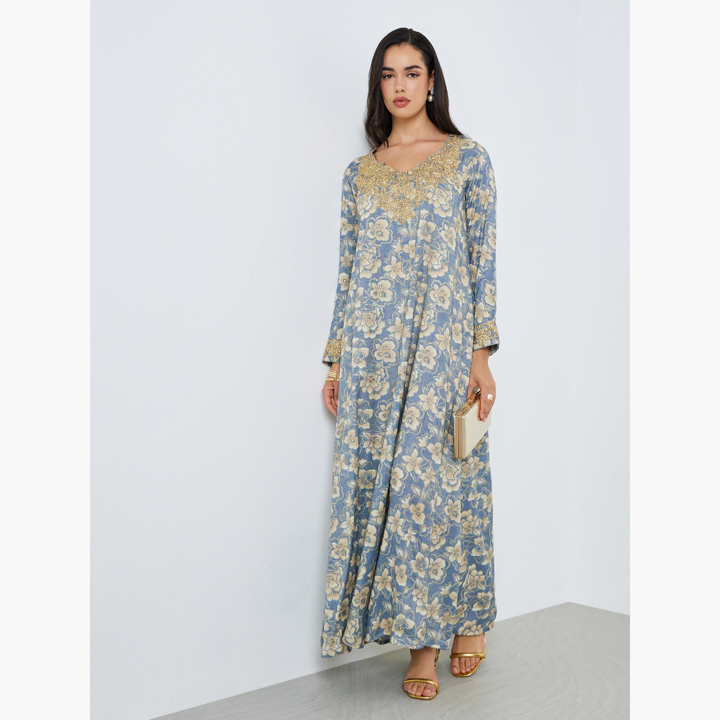 Styli Women Blue Floral Print Embroidered Jalabiya-women-arabicclothing-jalabiyas-image-3