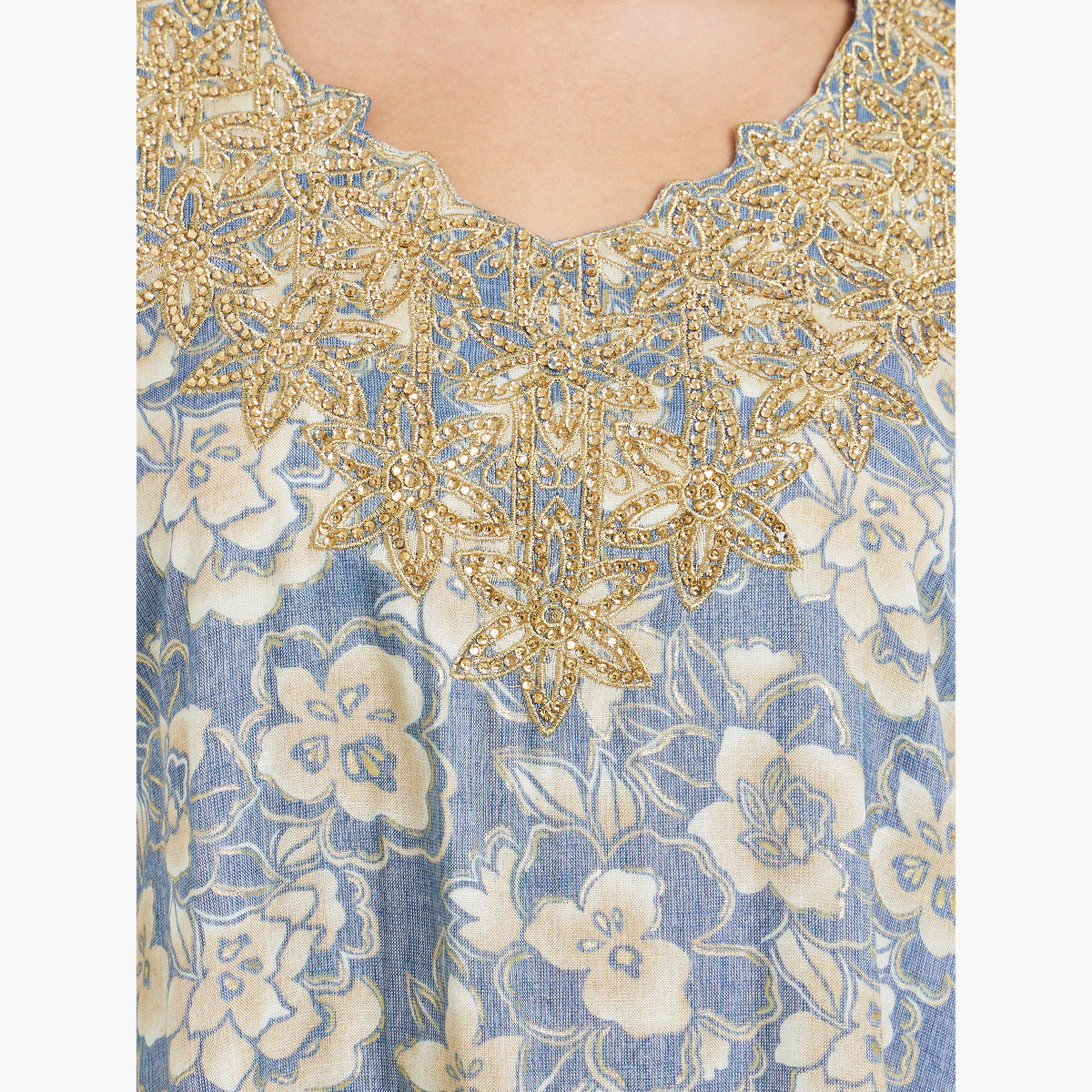 جلابية مطرزة بطبعة زهور-women-arabicclothing-jalabiyas-image-4