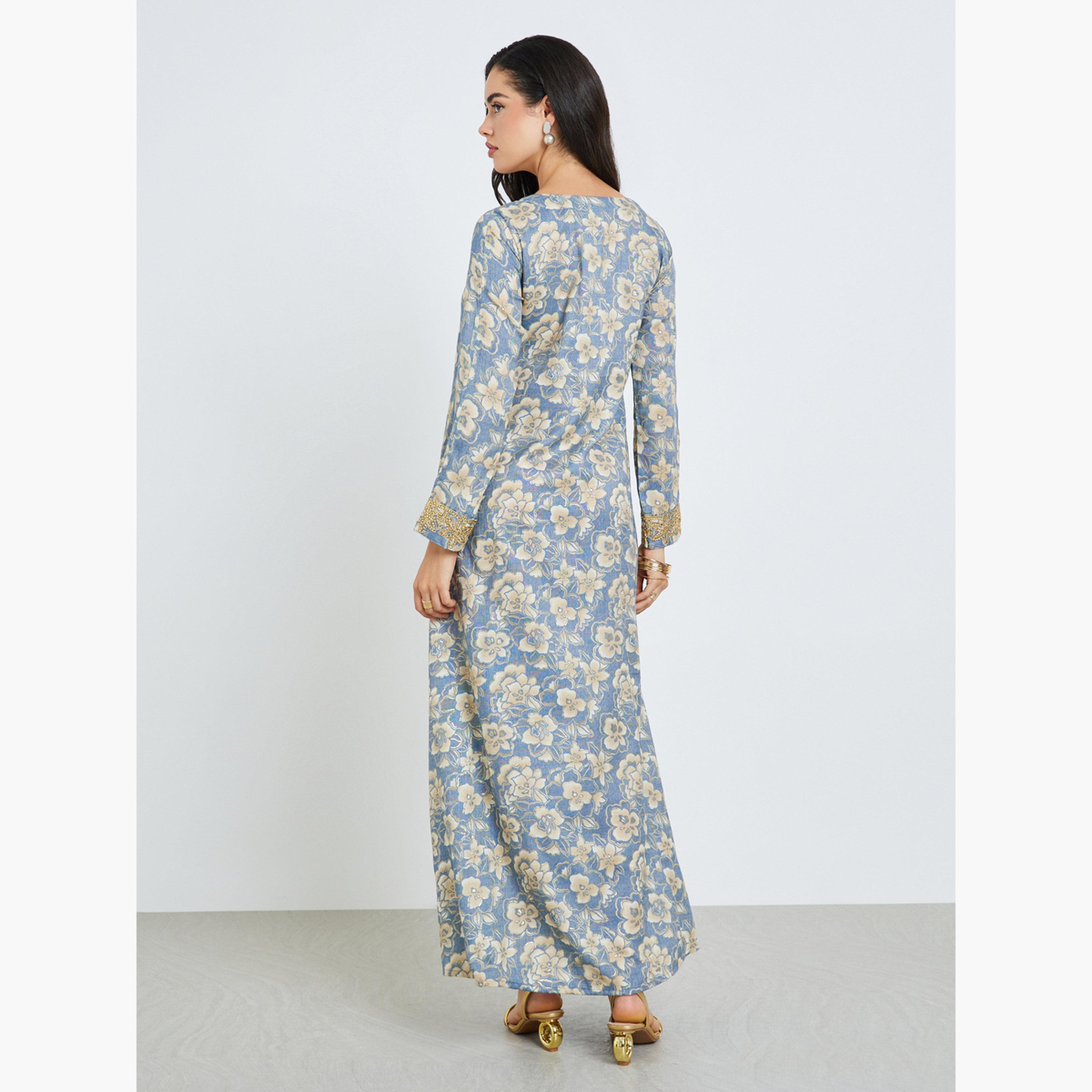 Styli Women Blue Floral Print Embroidered Jalabiya-women-arabicclothing-jalabiyas-image-5