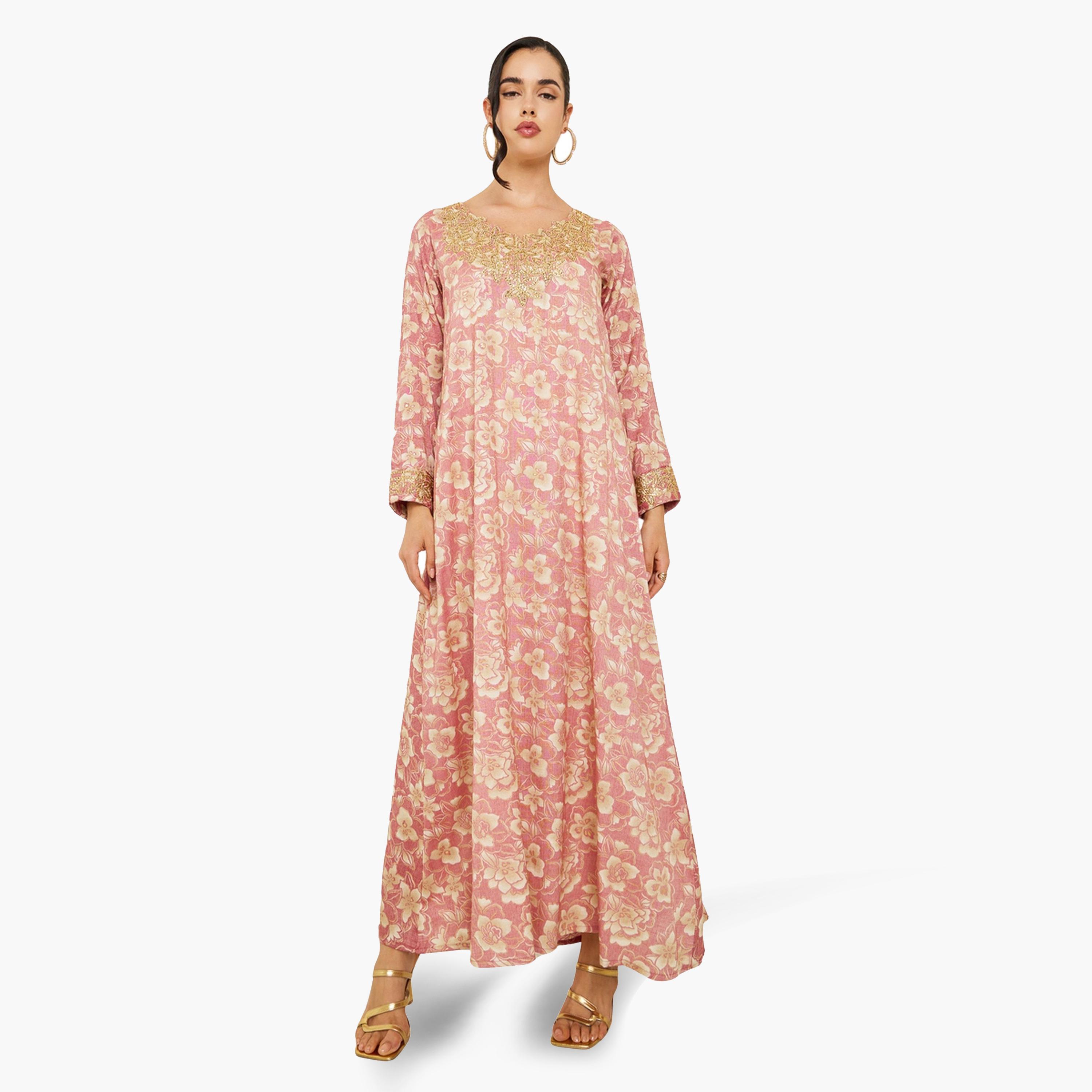 جلابية مخور مطرزة بطبعة أزهار للنساء-women-arabicclothing-jalabiyas-image-1