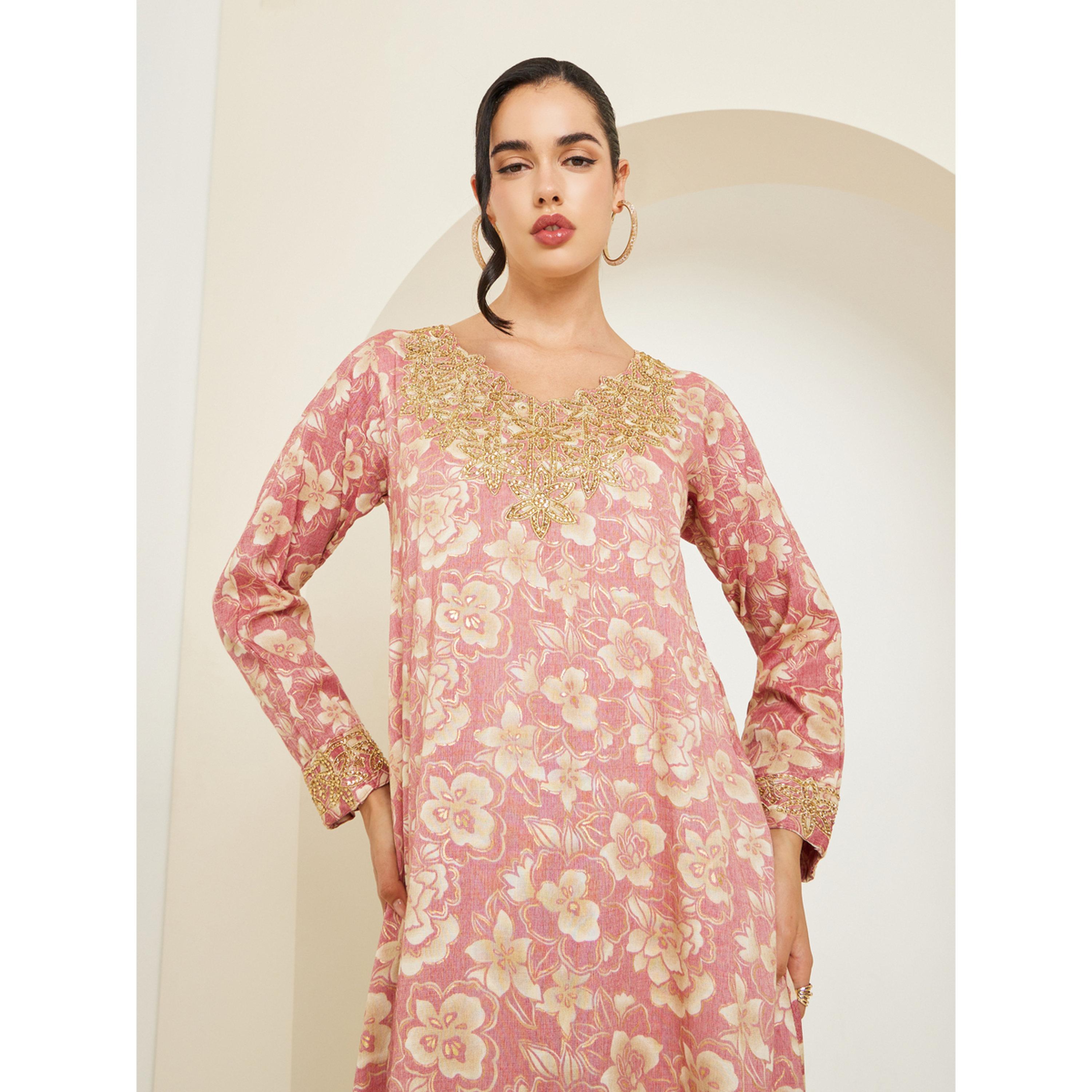 جلابية مخور مطرزة بطبعة أزهار للنساء-women-arabicclothing-jalabiyas-image-2