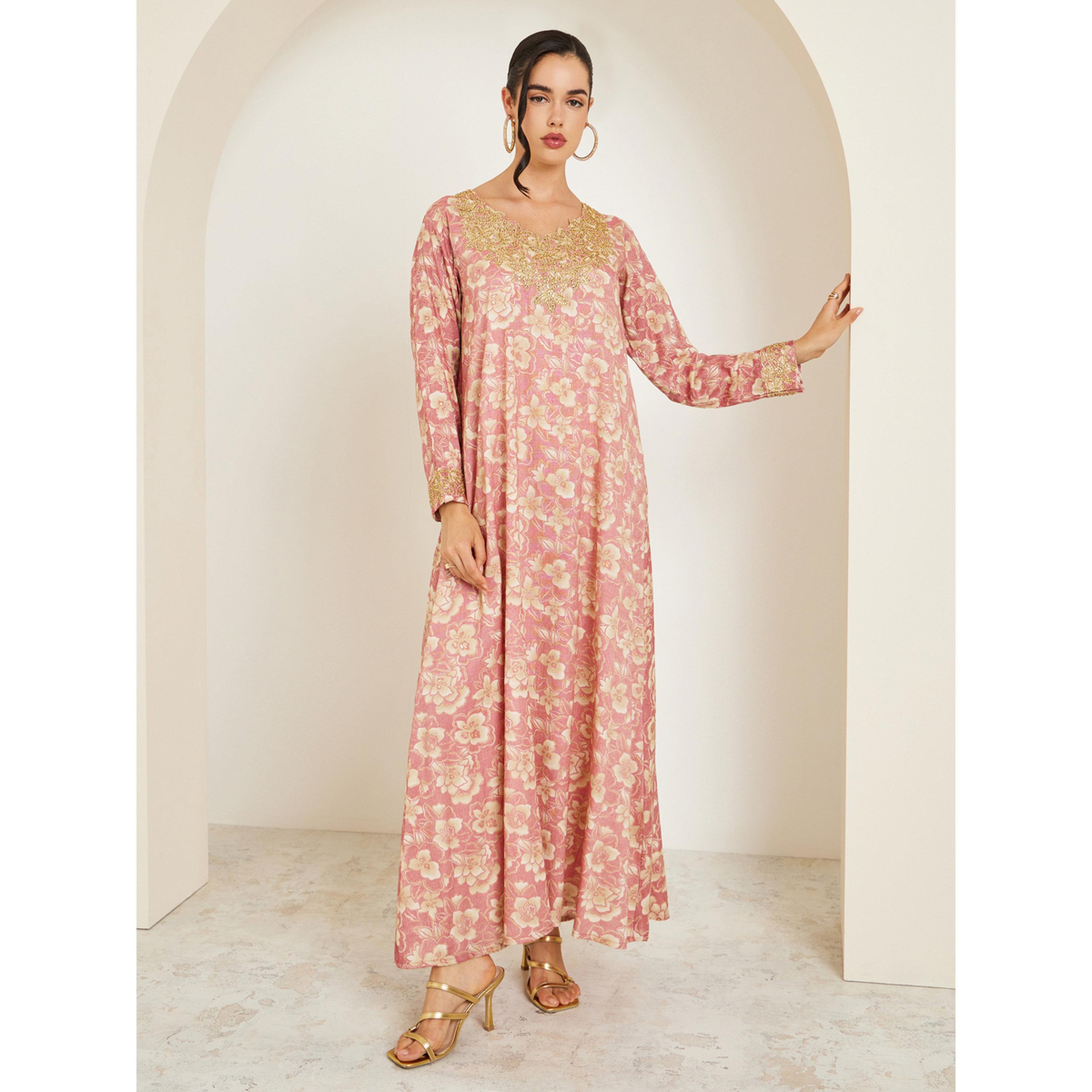 جلابية مخور مطرزة بطبعة أزهار للنساء-women-arabicclothing-jalabiyas-image-3