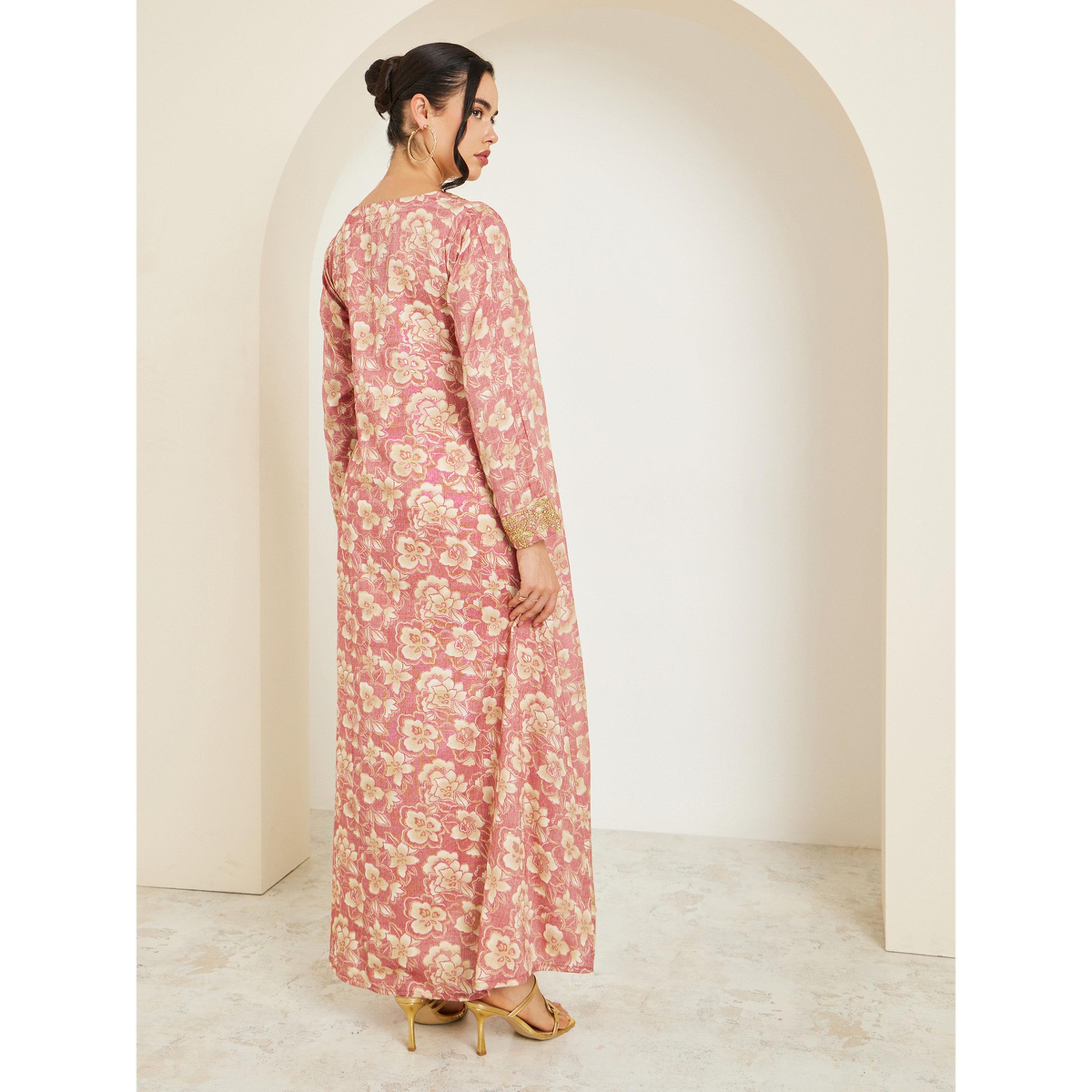 Styli Women Pink Embroidered Floral Print Mukhawar Jalabiya-women-arabicclothing-jalabiyas-image-5