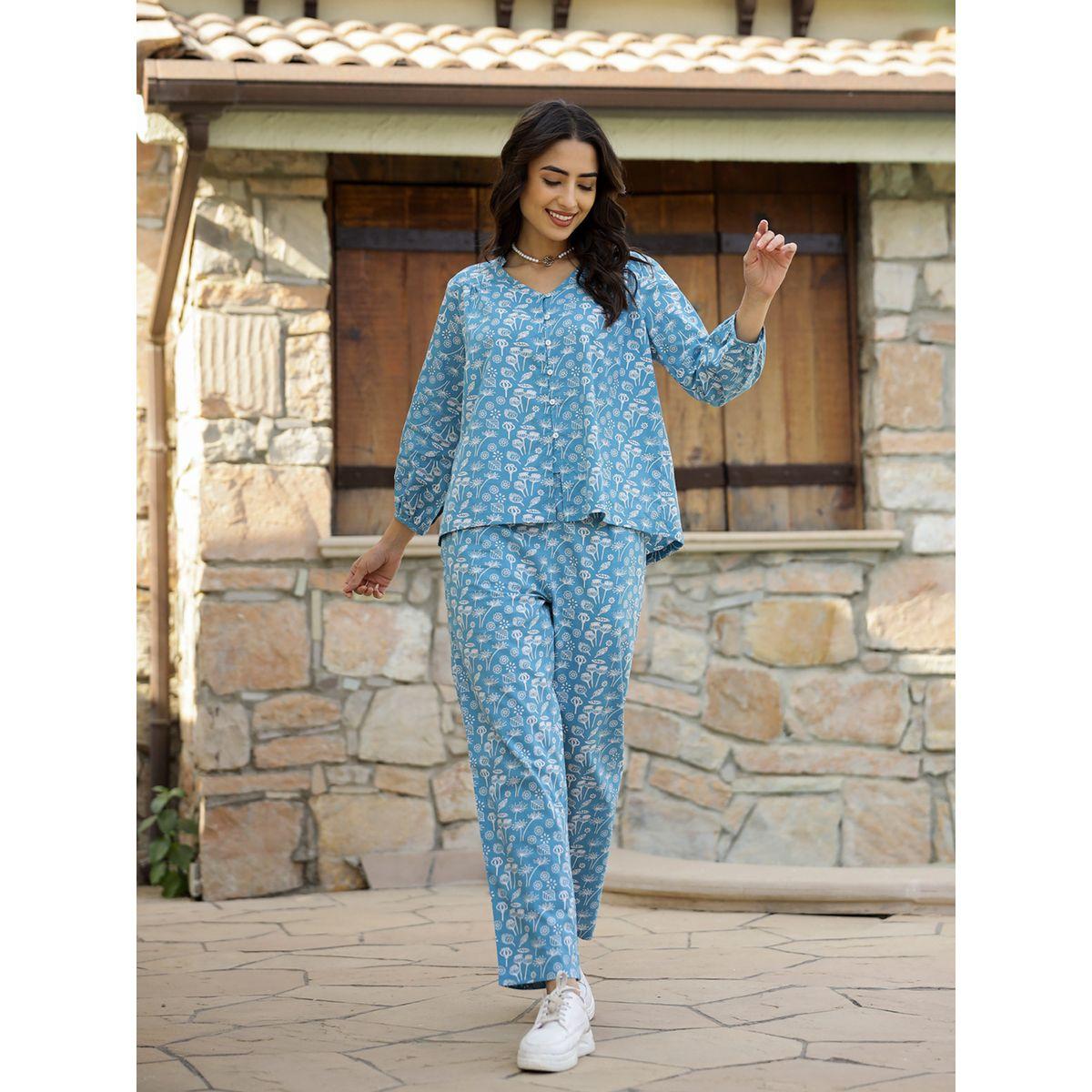 مجموعة من بنطال بيجاما مع بلوزة بطبعة زهور سانسكريتي هومز × ستايلي-women-clothing-nightwear-pyjamas-shortsets-image-1
