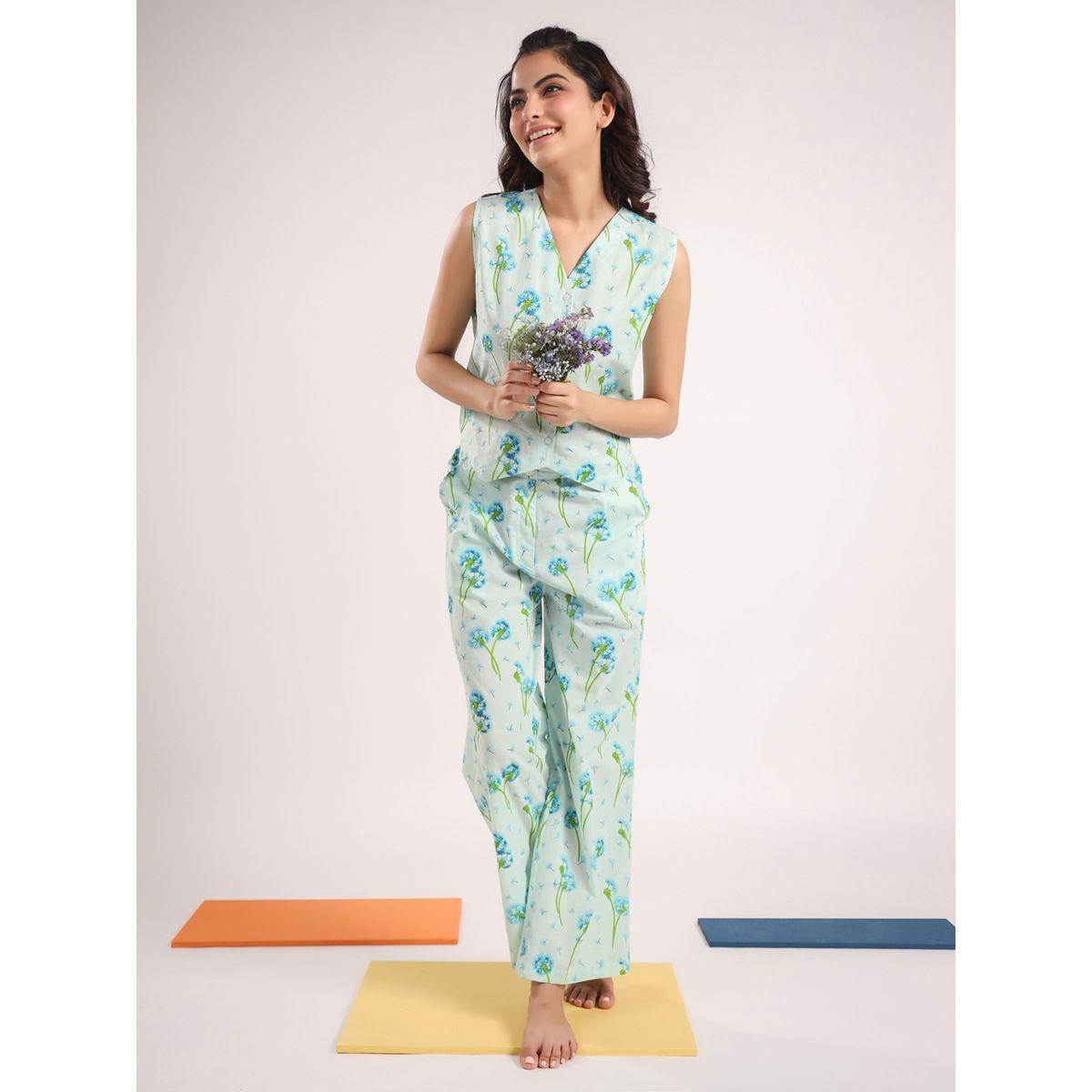 Sanskrutihomes X Styli  Cotton Flower Printed Sleeveless Shirt & Pyjama Set-women-clothing-nightwear-pyjamas-longsets-image-3