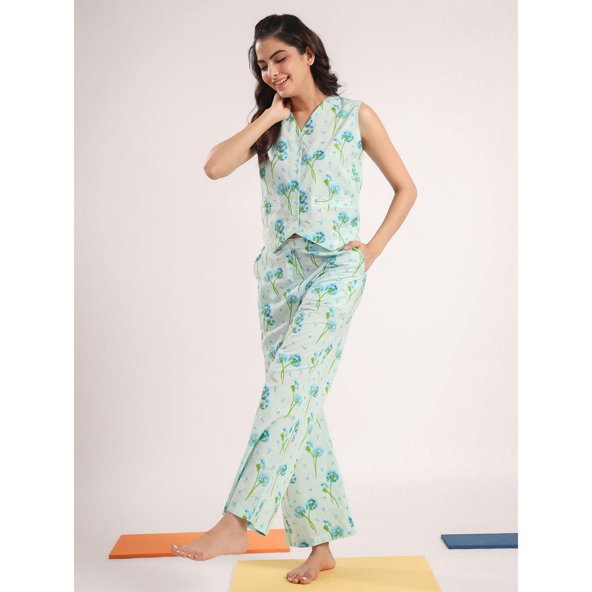 Sanskrutihomes X Styli  Cotton Flower Printed Sleeveless Shirt & Pyjama Set-women-clothing-nightwear-pyjamas-longsets-image-4