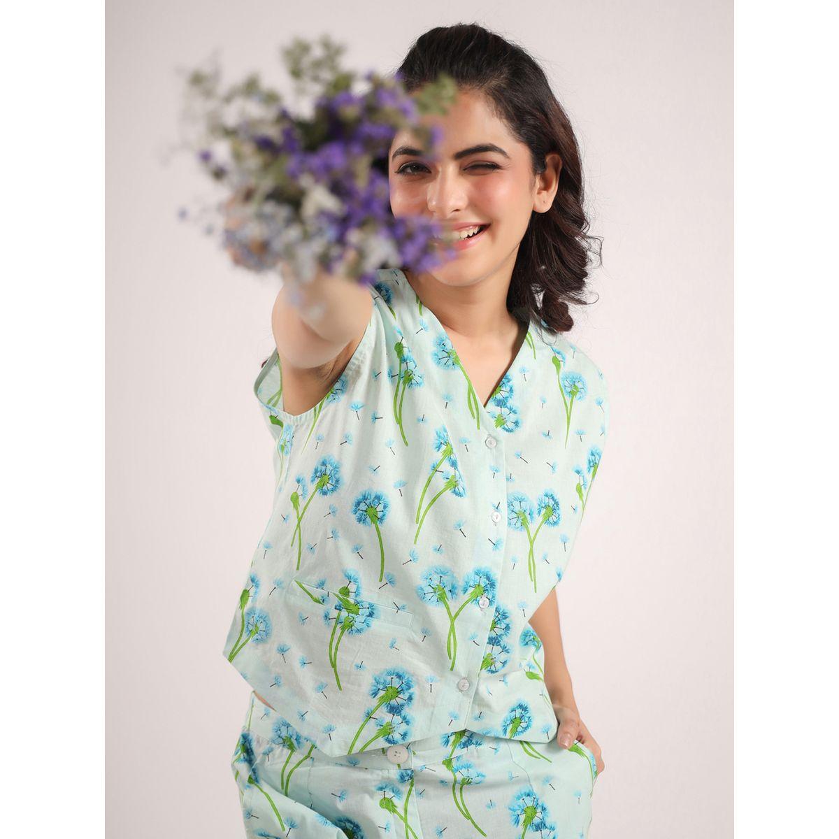 Sanskrutihomes X Styli  Cotton Flower Printed Sleeveless Shirt & Pyjama Set-women-clothing-nightwear-pyjamas-longsets-image-5