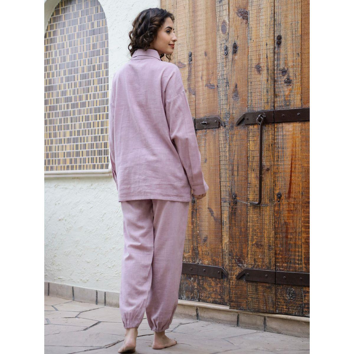 Sanskrutihomes X Styli  Pure Cotton Solid Pocket Front Shirt & Pyjama Set-women-clothing-nightwear-pyjamas-longsets-image-2