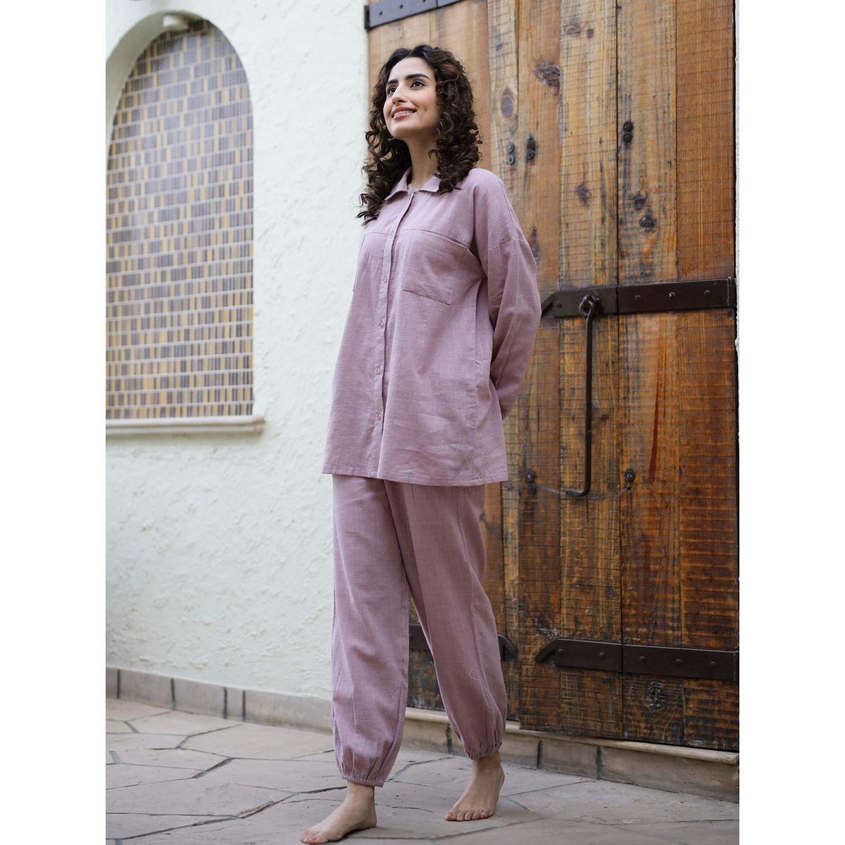 Sanskrutihomes X Styli  Pure Cotton Solid Pocket Front Shirt & Pyjama Set-women-clothing-nightwear-pyjamas-longsets-image-3