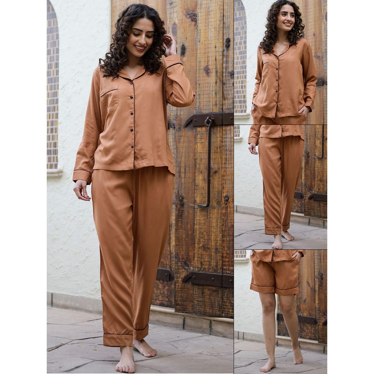 مجموعة من 3 - شورت وبلوزة محزوزة مع بنطال سانسكريتي هومز × ستايلي-women-clothing-nightwear-pyjamas-longsets-image-1