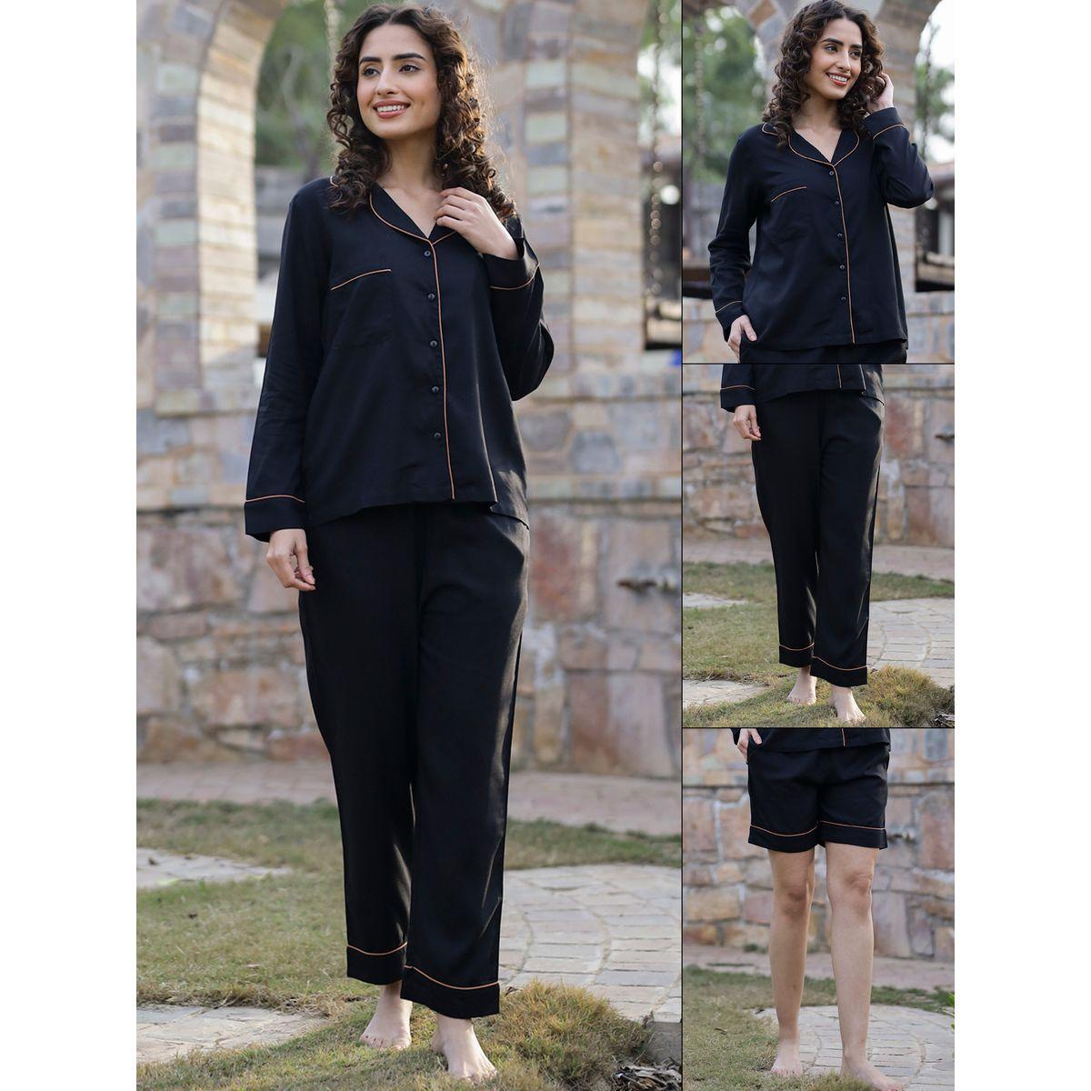 Sanskrutihomes X Styli  Pack of 3 - Pure Cotton Contrast Piping Shirt, Pyjama & Shorts-women-clothing-nightwear-pyjamas-longsets-image-1