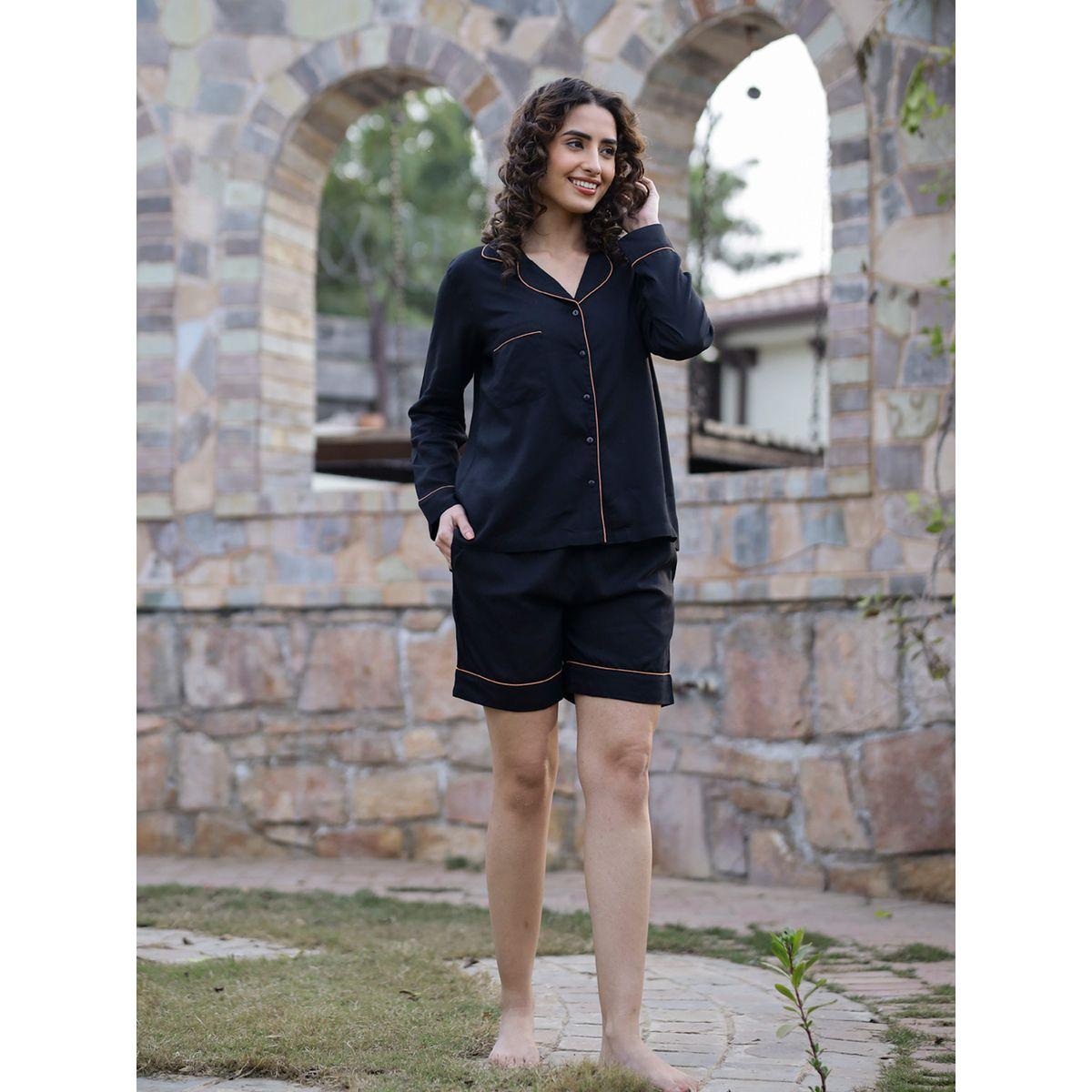 Sanskrutihomes X Styli  Pack of 3 - Pure Cotton Contrast Piping Shirt, Pyjama & Shorts-women-clothing-nightwear-pyjamas-longsets-image-9