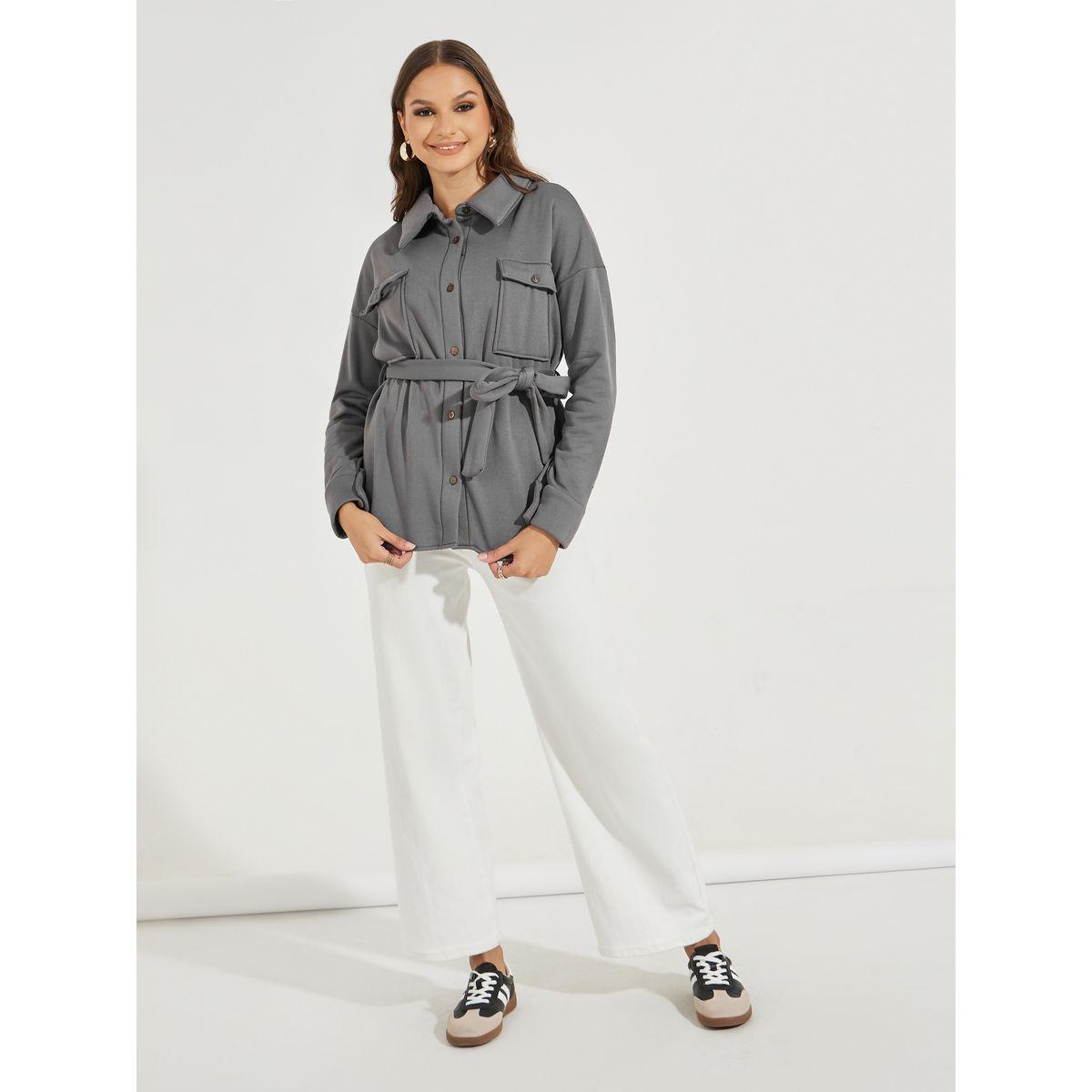 Styli Collared Drop Shoulder Jacket with Tie Belt-women-winterwear-coatsandjackets-jackets-image-2