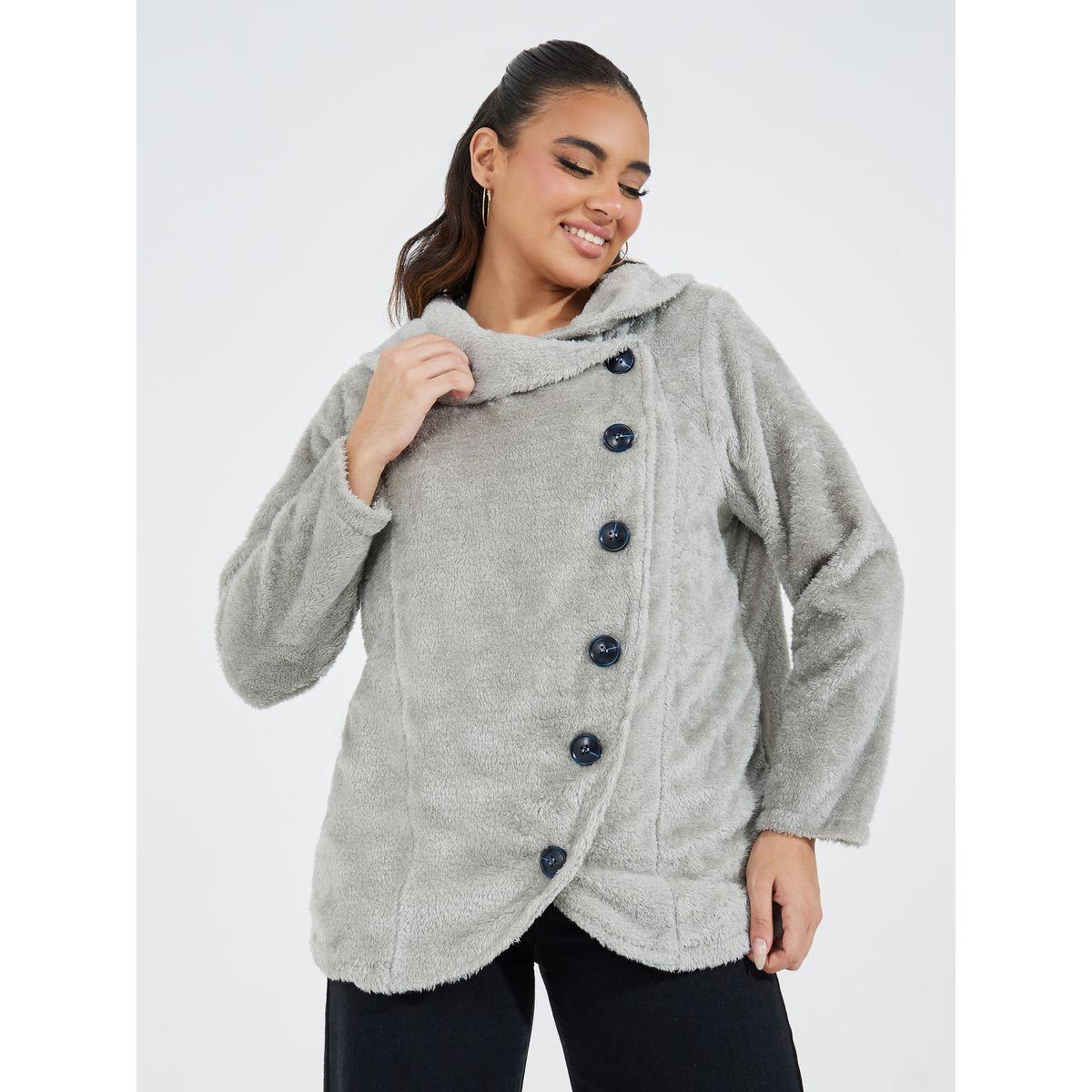 جاكيت تيدي سادة بياقة شلال مع أزرار-women-winterwear-coatsandjackets-jackets-image-5