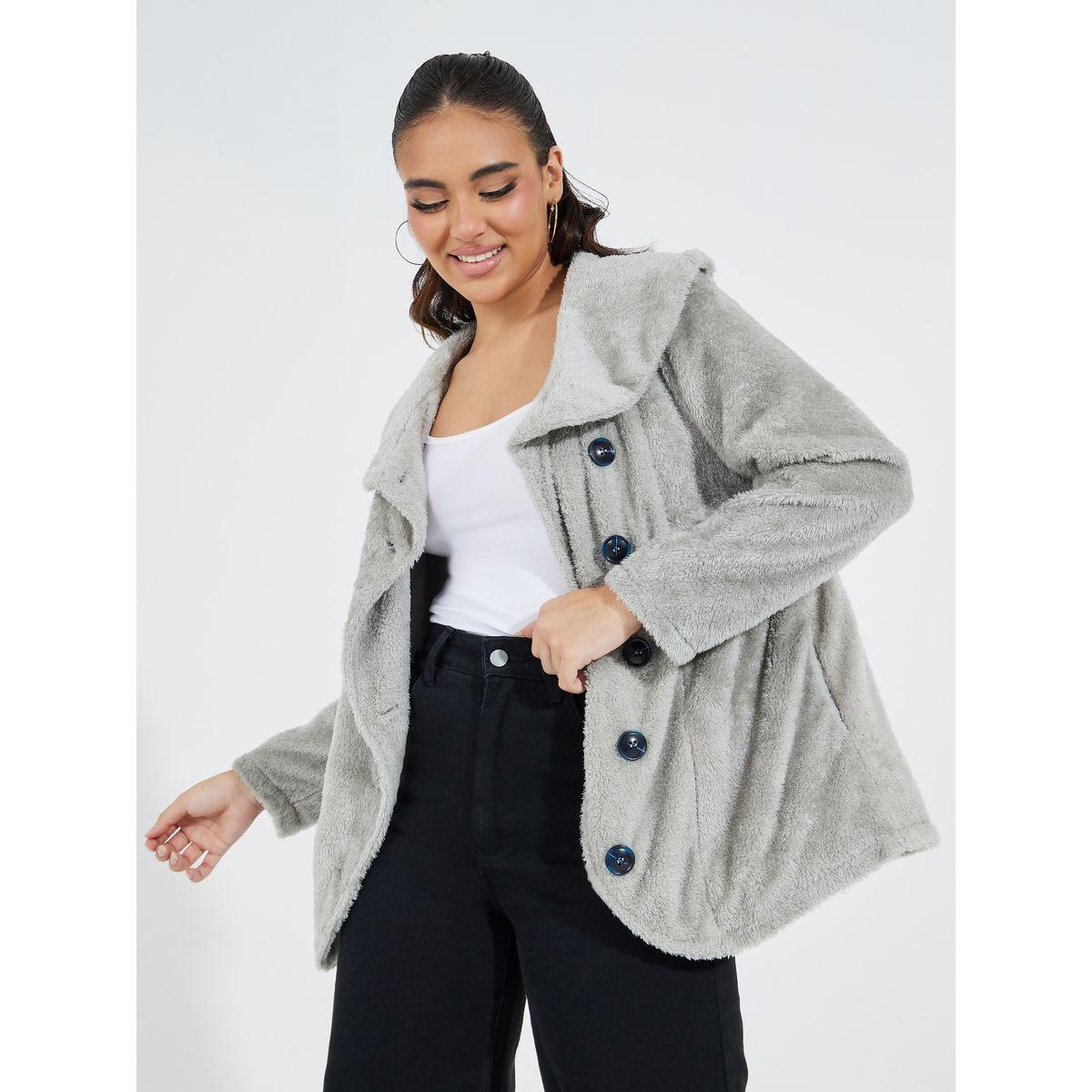 Styli Solid Waterfall Neck Teddy Jacket-women-winterwear-coatsandjackets-jackets-image-2