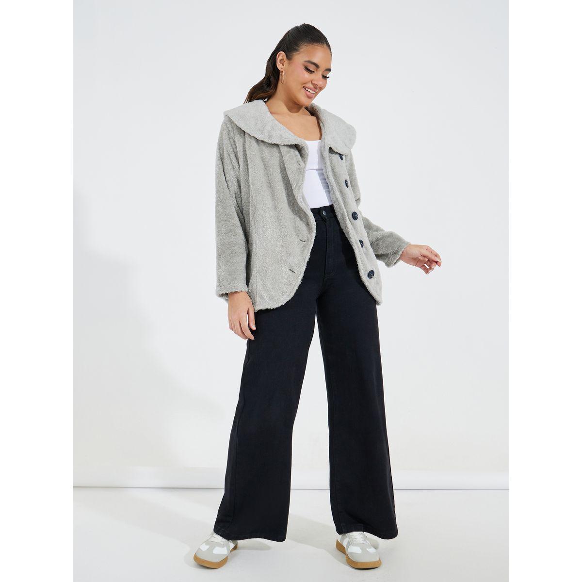 Styli Solid Waterfall Neck Teddy Jacket-women-winterwear-coatsandjackets-jackets-image-3