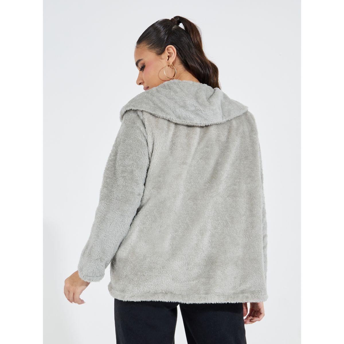جاكيت تيدي سادة بياقة شلال مع أزرار-women-winterwear-coatsandjackets-jackets-image-1
