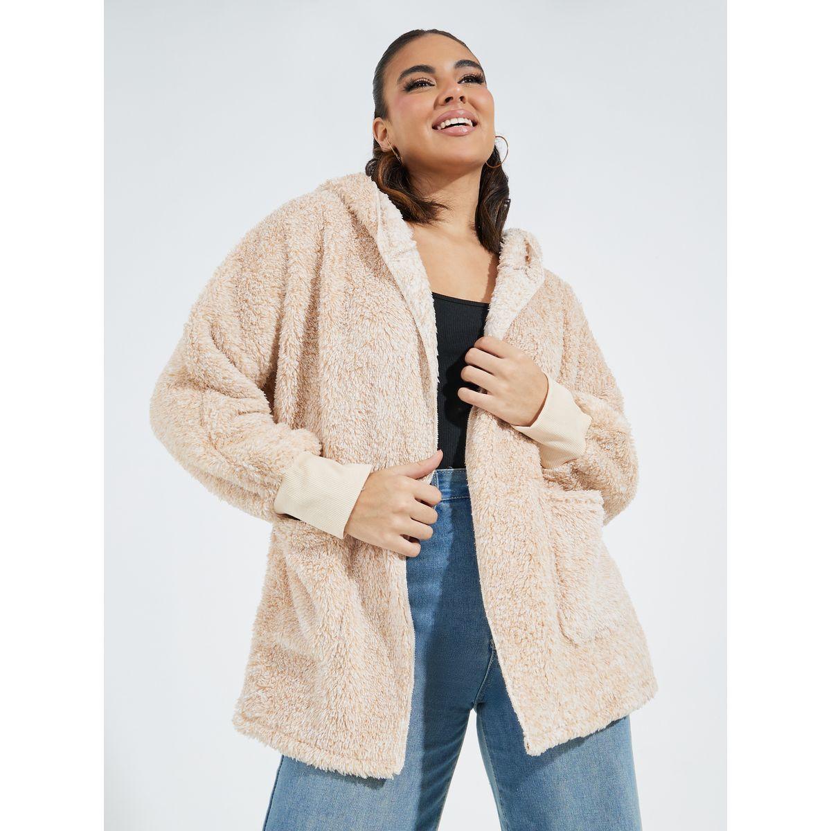 معطف تيدي فضفاض بأكتاف منخفضة وياقة هودي-women-clothing-coatsandjackets-coats-image-1