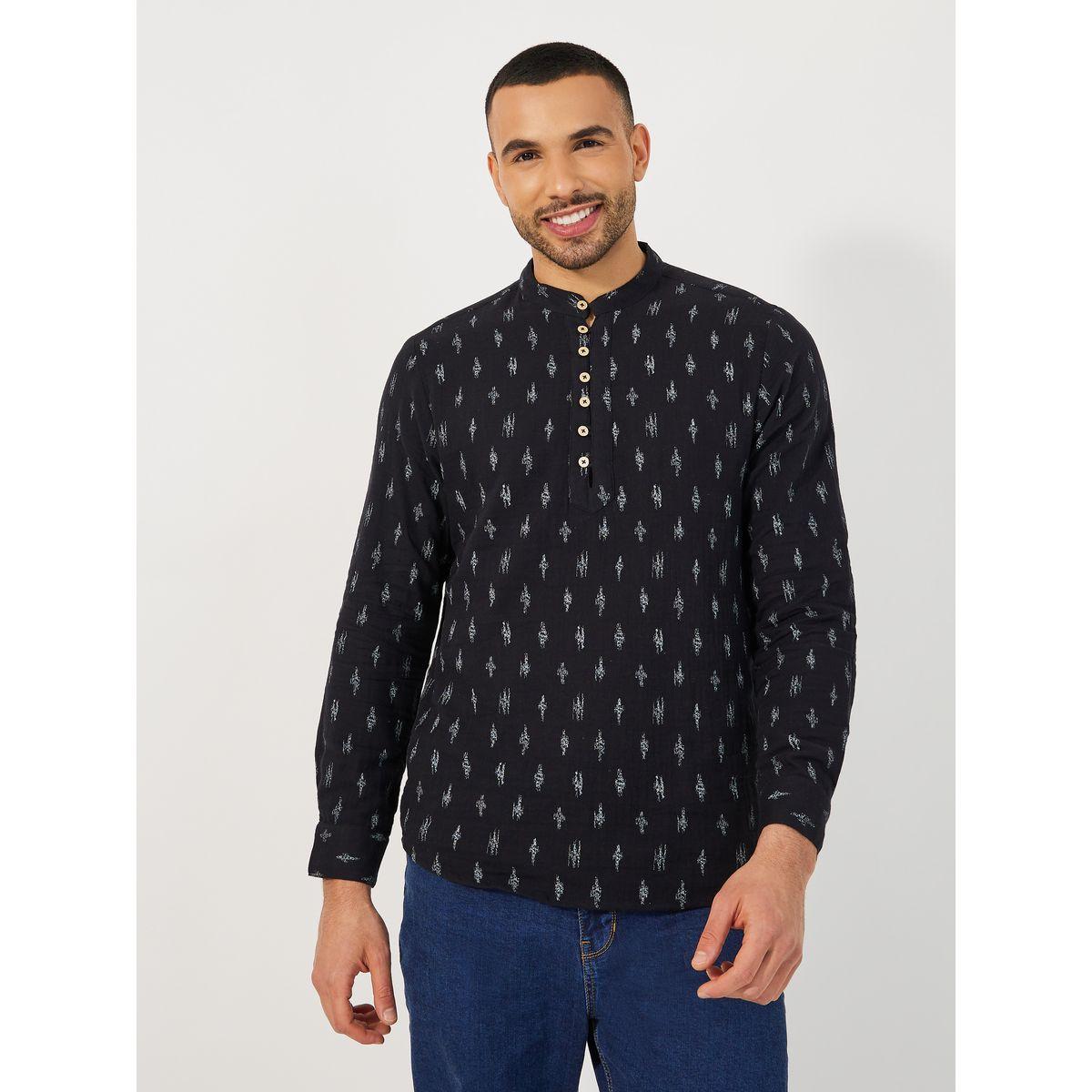 Styli Mandarin Collar Half Placket Dobby Shirt with Loop Buttons-men-clothing-shirts-image-1