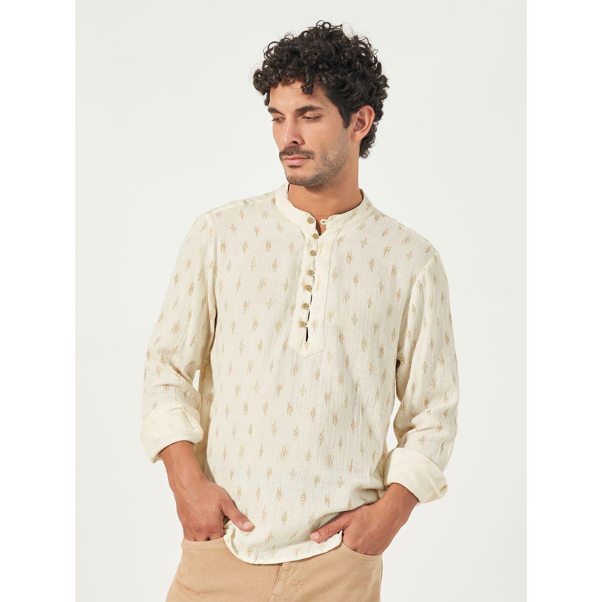 Styli Mandarin Collar Half Placket Dobby Shirt with Loop Buttons-men-clothing-shirts-image-1