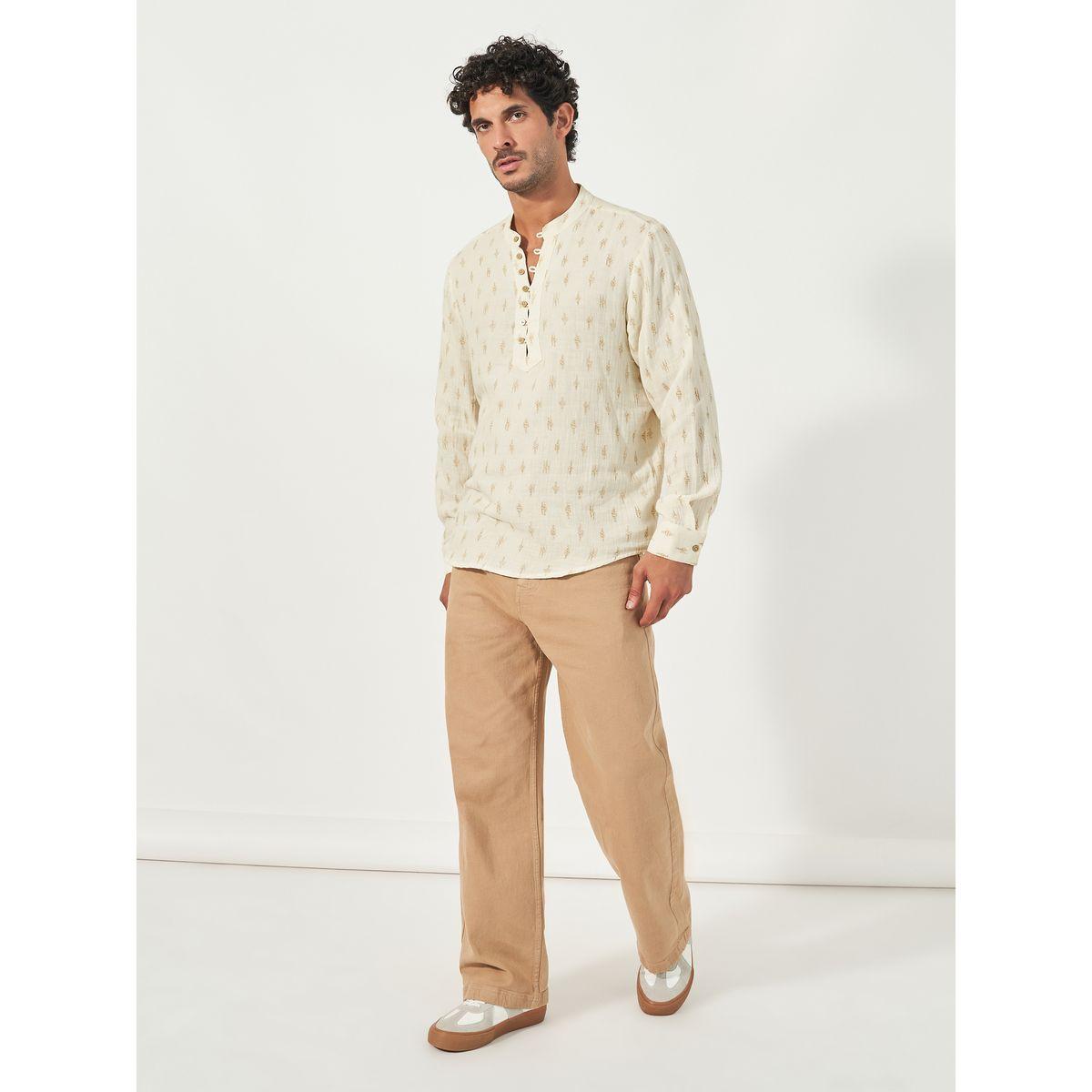 Styli Mandarin Collar Half Placket Dobby Shirt with Loop Buttons-men-clothing-shirts-image-3