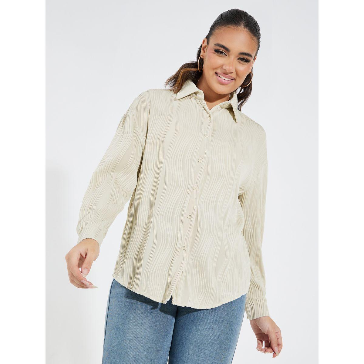Styli Solid Wave Stripe Button Front Shirt with Dropped Shoulder-women-clothing-shirtsandblouses-shirts-image-1