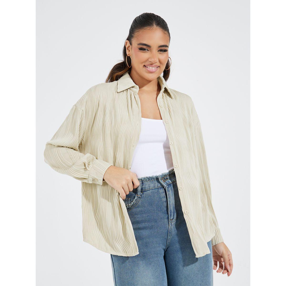 Styli Solid Wave Stripe Button Front Shirt with Dropped Shoulder-women-clothing-shirtsandblouses-shirts-image-2