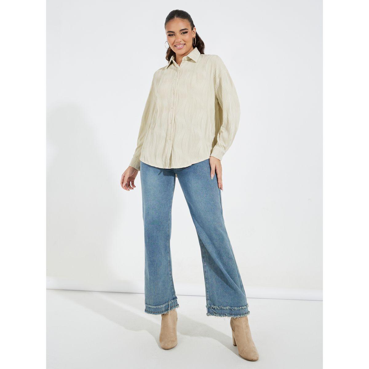 Styli Solid Wave Stripe Button Front Shirt with Dropped Shoulder-women-clothing-shirtsandblouses-shirts-image-3