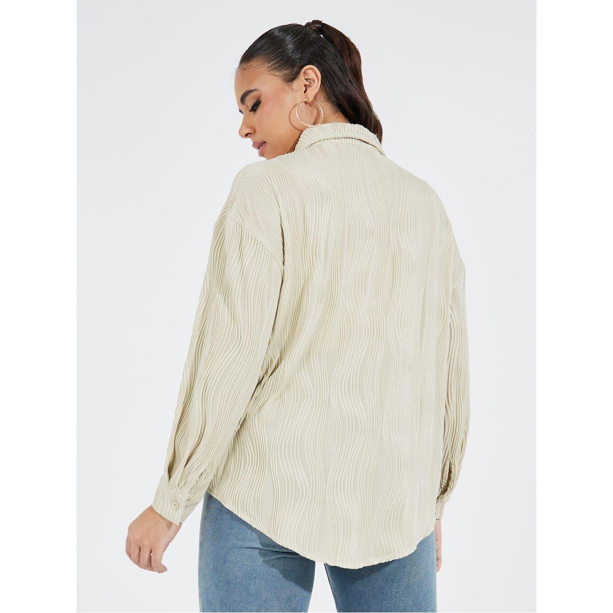 Styli Solid Wave Stripe Button Front Shirt with Dropped Shoulder-women-clothing-shirtsandblouses-shirts-image-5