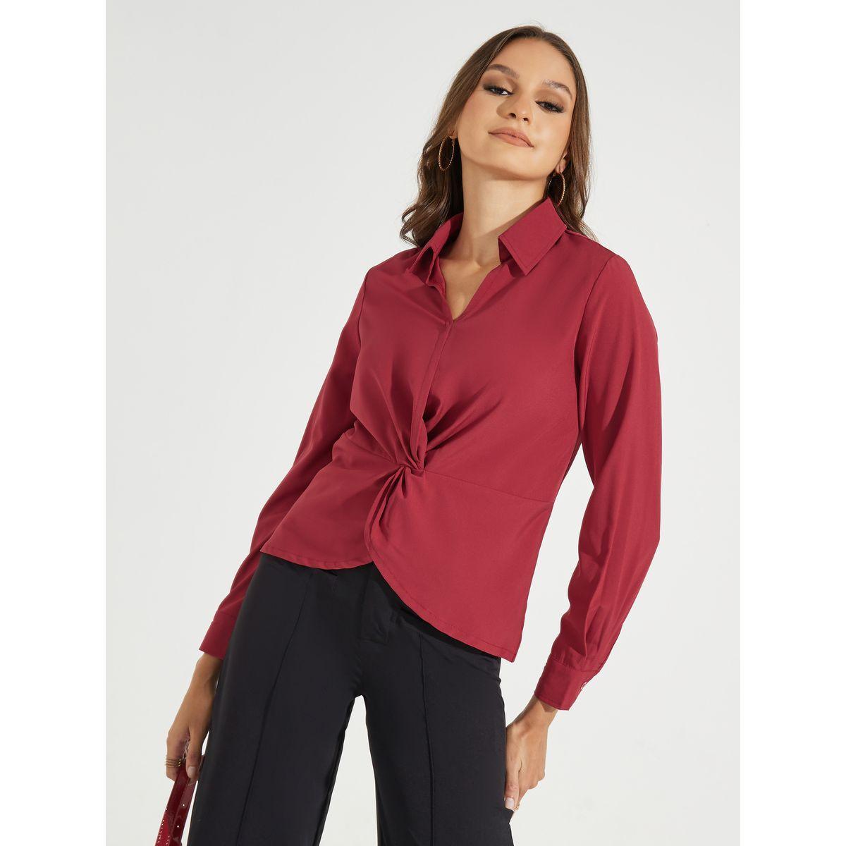 بلوزة سادة بتفاصيل ملفوفة واكمام طويلة-women-clothing-shirtsandblouses-shirts-image-1