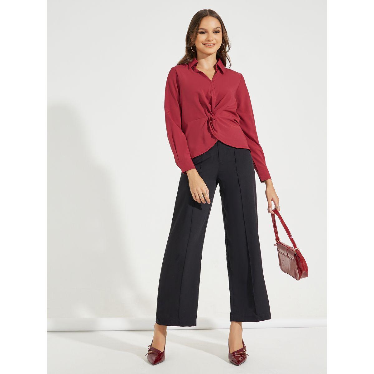 بلوزة سادة بتفاصيل ملفوفة واكمام طويلة-women-clothing-shirtsandblouses-shirts-image-2