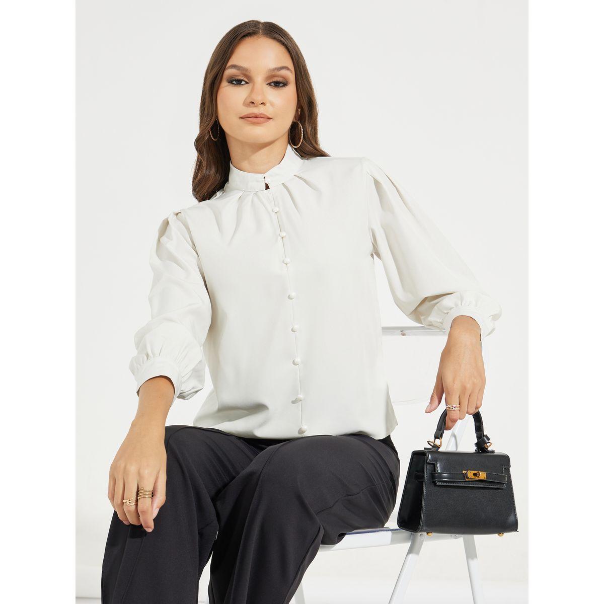 بلوزة سادة بياقة عالية وأزرار غلق-women-clothing-shirtsandblouses-shirts-image-5