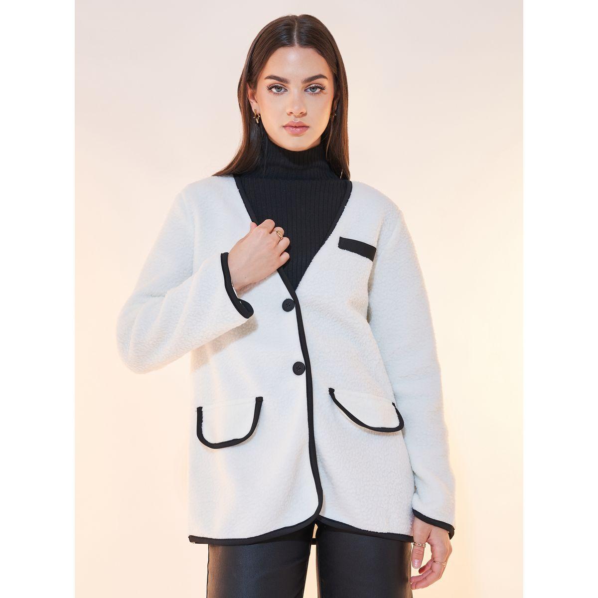 Styli Contrast Button Piping Detail Teddy Jacket-women-winterwear-coatsandjackets-jackets-image-1