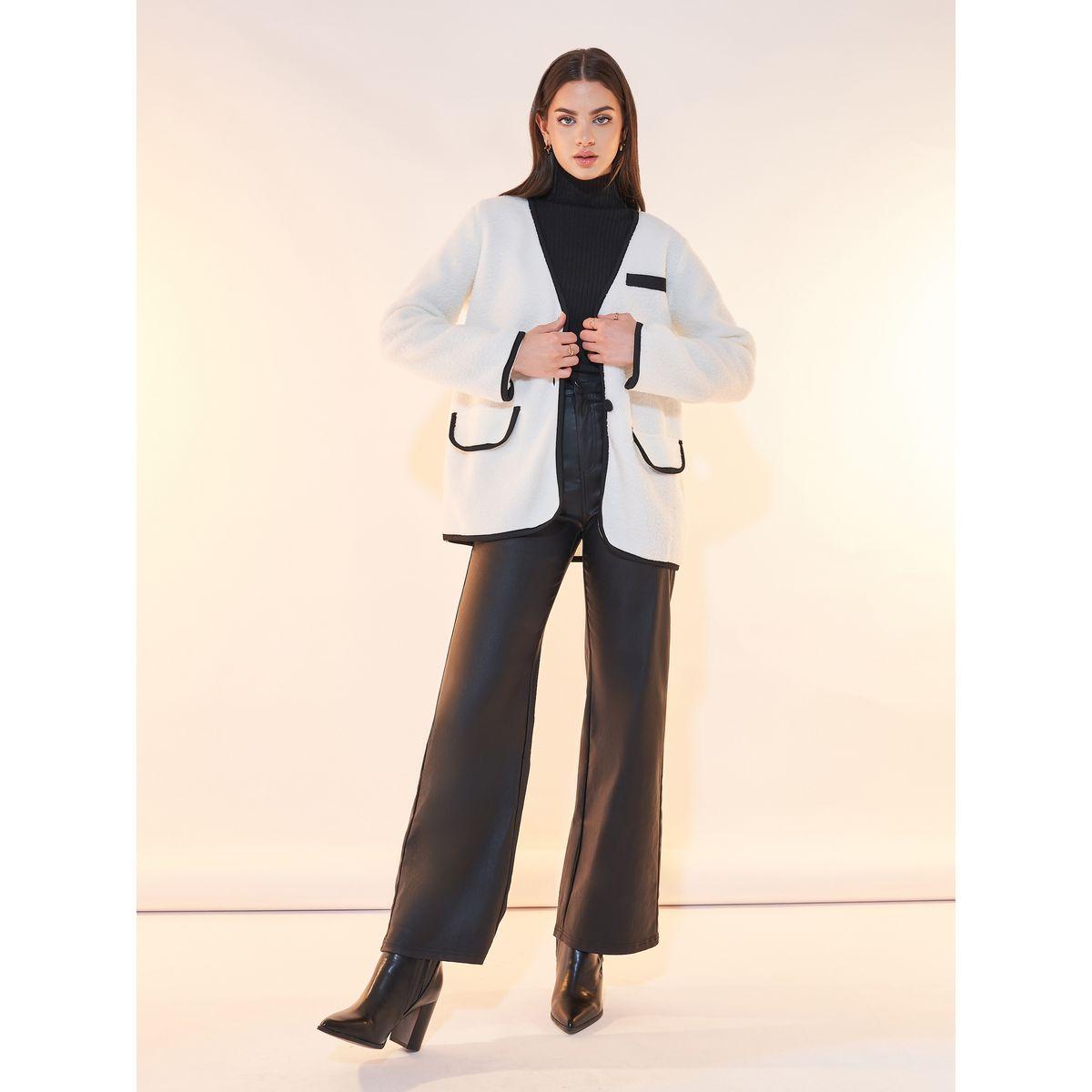 Styli Contrast Button Piping Detail Teddy Jacket-women-winterwear-coatsandjackets-jackets-image-2