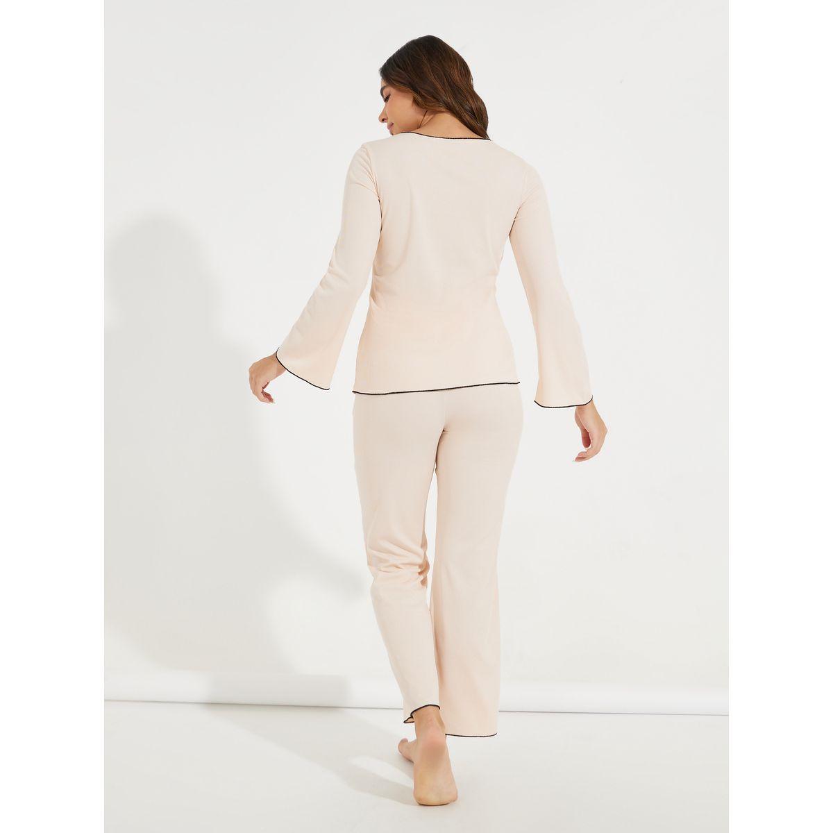 طقم من بنطال بيجاما مع تيشيرت مضلع بتفاصيل محزوزة-women-clothing-nightwear-pyjamas-longsets-image-4