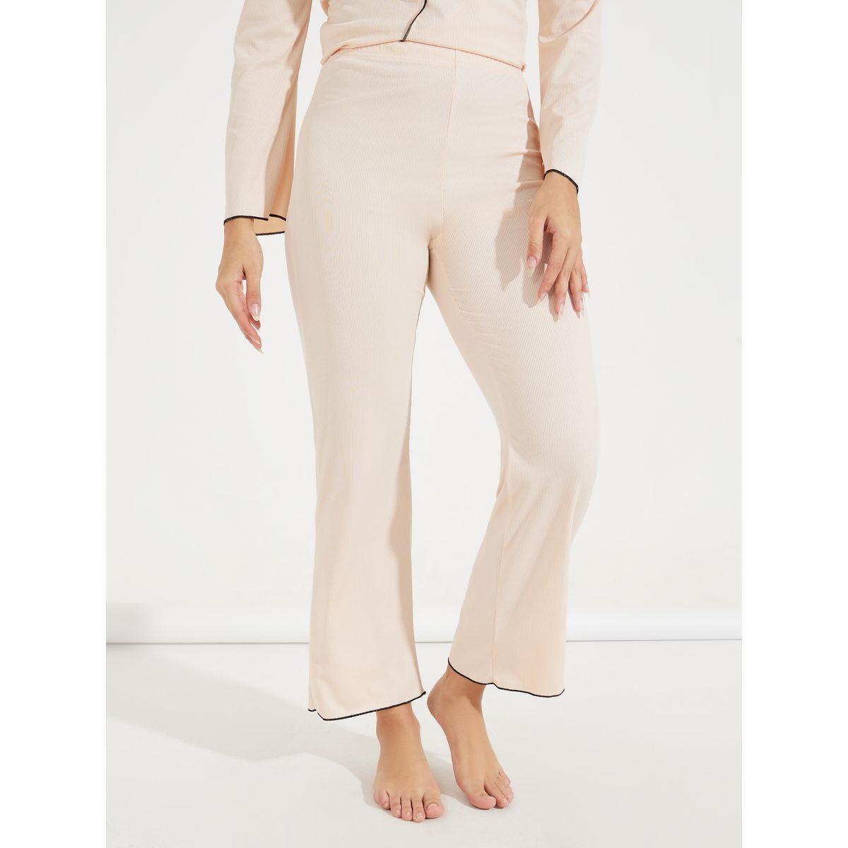 طقم من بنطال بيجاما مع تيشيرت مضلع بتفاصيل محزوزة-women-clothing-nightwear-pyjamas-longsets-image-5