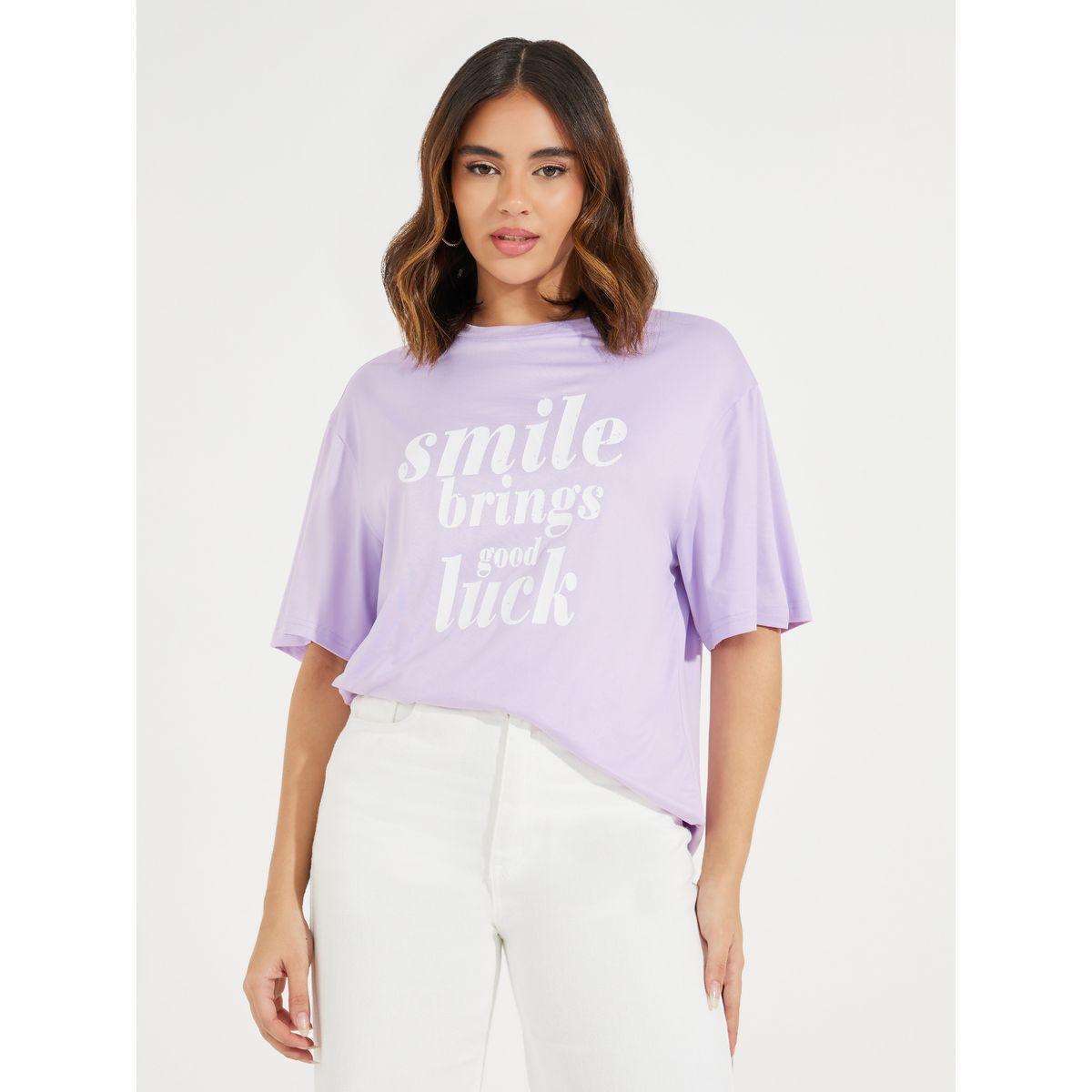 تيشيرت فضفاض مطبع بطبعة كتابة-women-clothing-tshirts-image-2