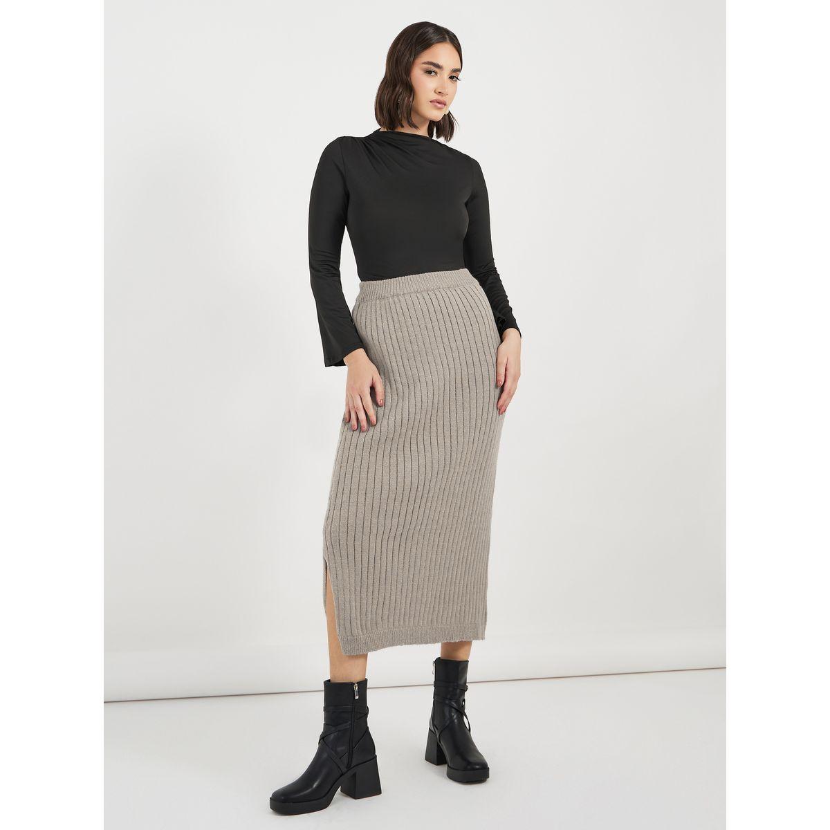 تنورة ميدي مضلعة مع شق جانبي-women-clothing-bottoms-skirts-image-1
