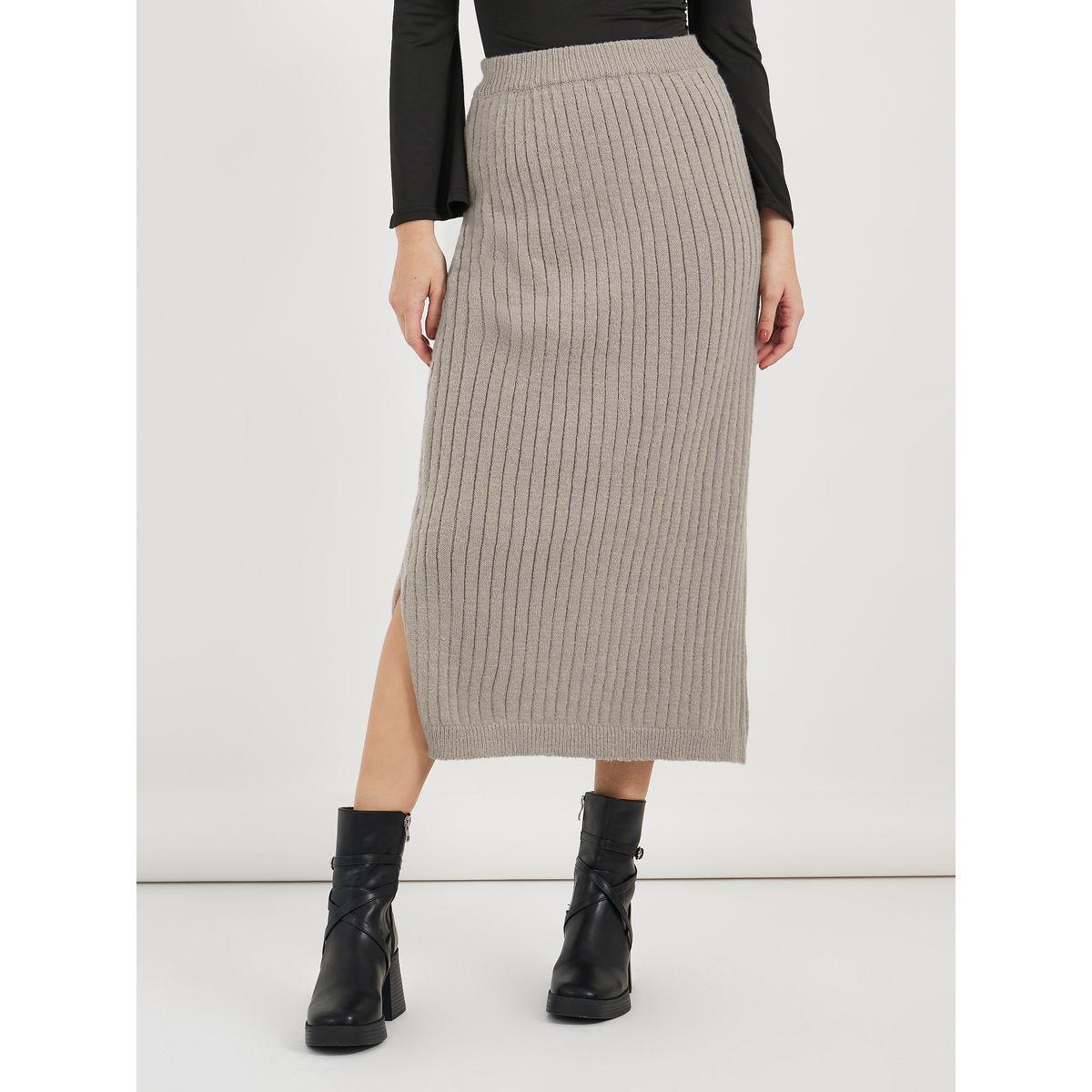 تنورة ميدي مضلعة مع شق جانبي-women-clothing-bottoms-skirts-image-2