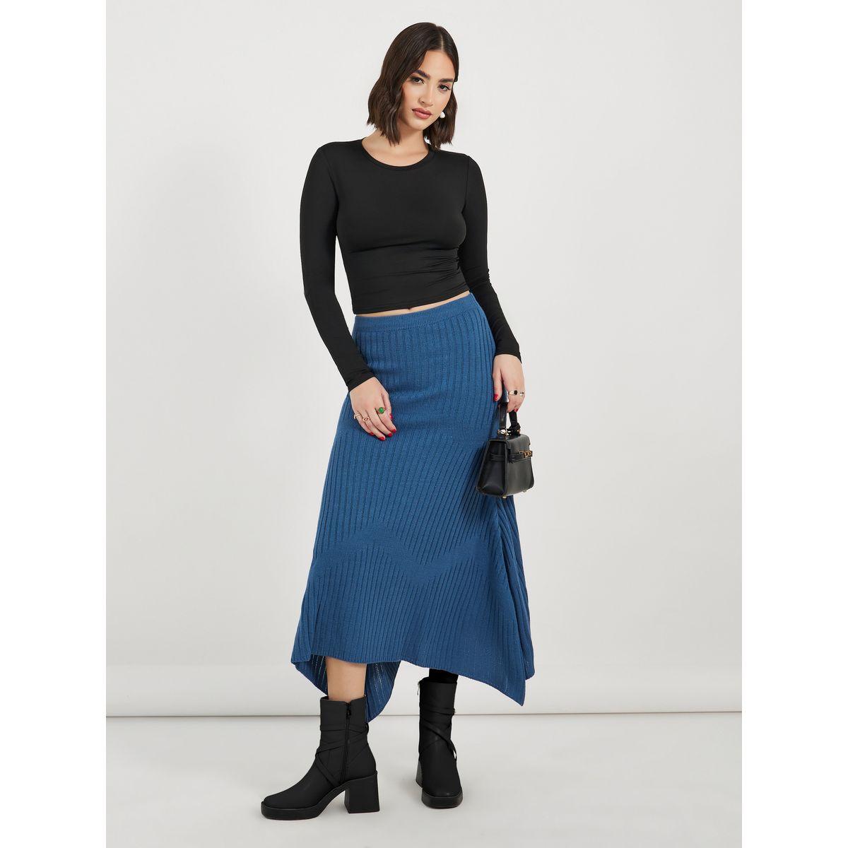 Styli Textured Knit Asymmetric Hem Midi Skirt-women-clothing-bottoms-skirts-image-1